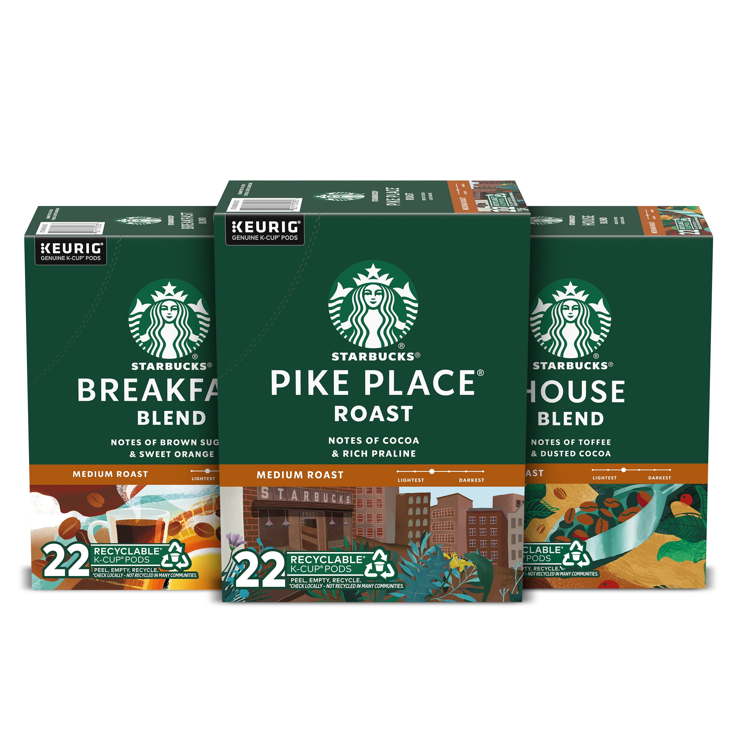 Starbucks Medium Roast Keurig K-Cup Coffee Pods, Variety Pack, Pike Place Roast, Breakfast Blend, House Blend, 66 Count