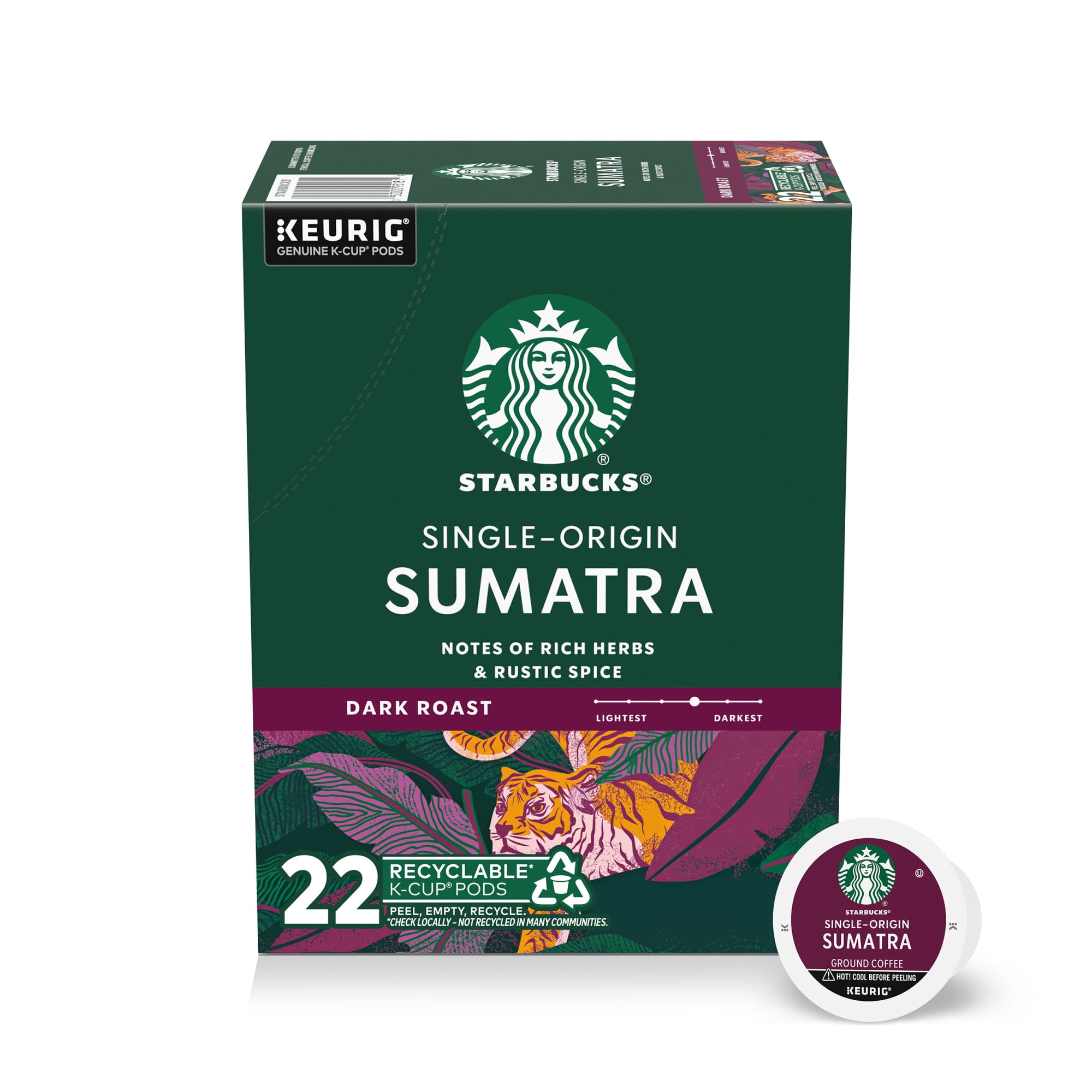 Starbucks Sumatra, Hot or Iced Coffee, Dark Roast K-Cup Coffee Pods, 22 Count