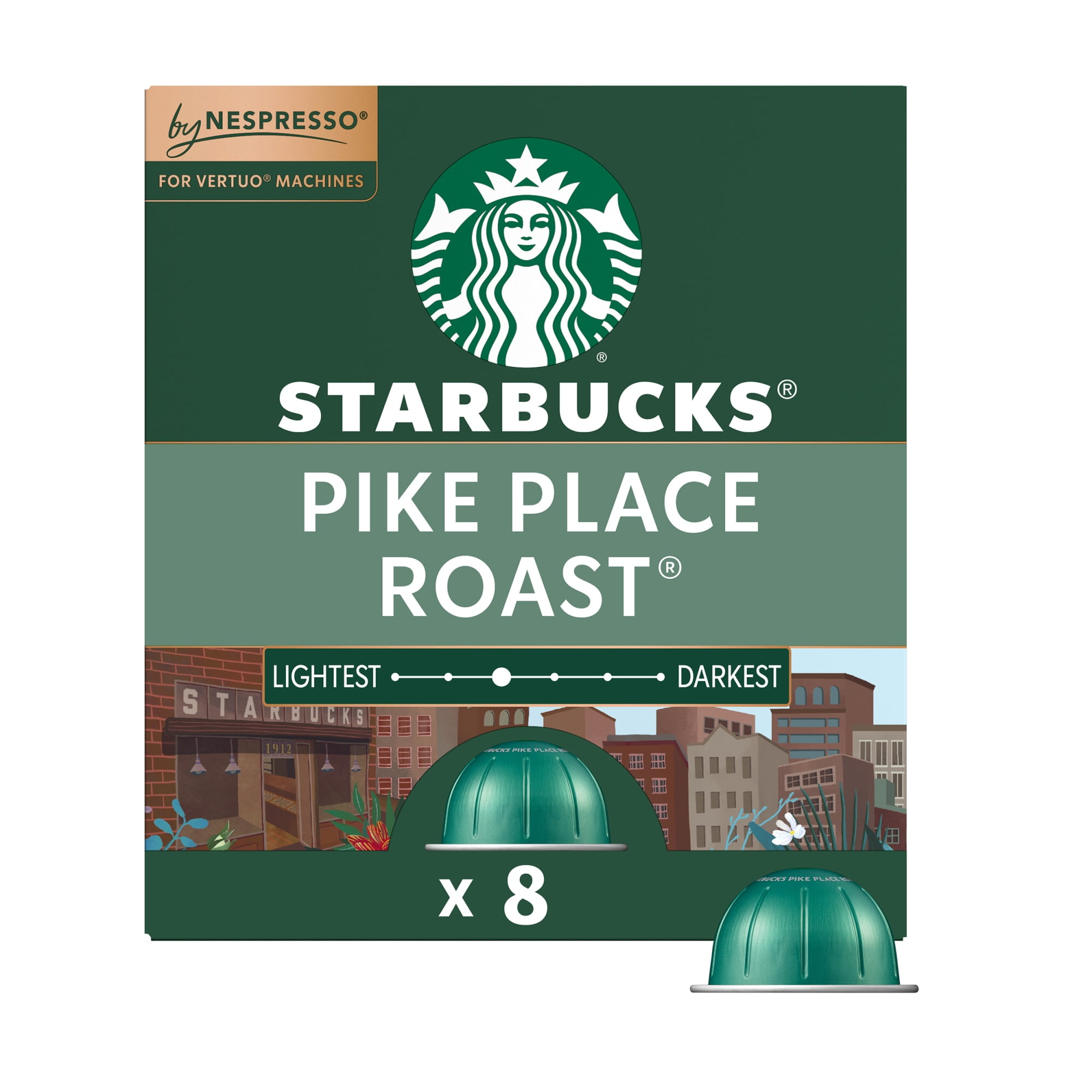 Starbucks by Nespresso Vertuo Pike Place Roast Pods, Medium Roast, 100% Arabica, 8 Coffee Capsules