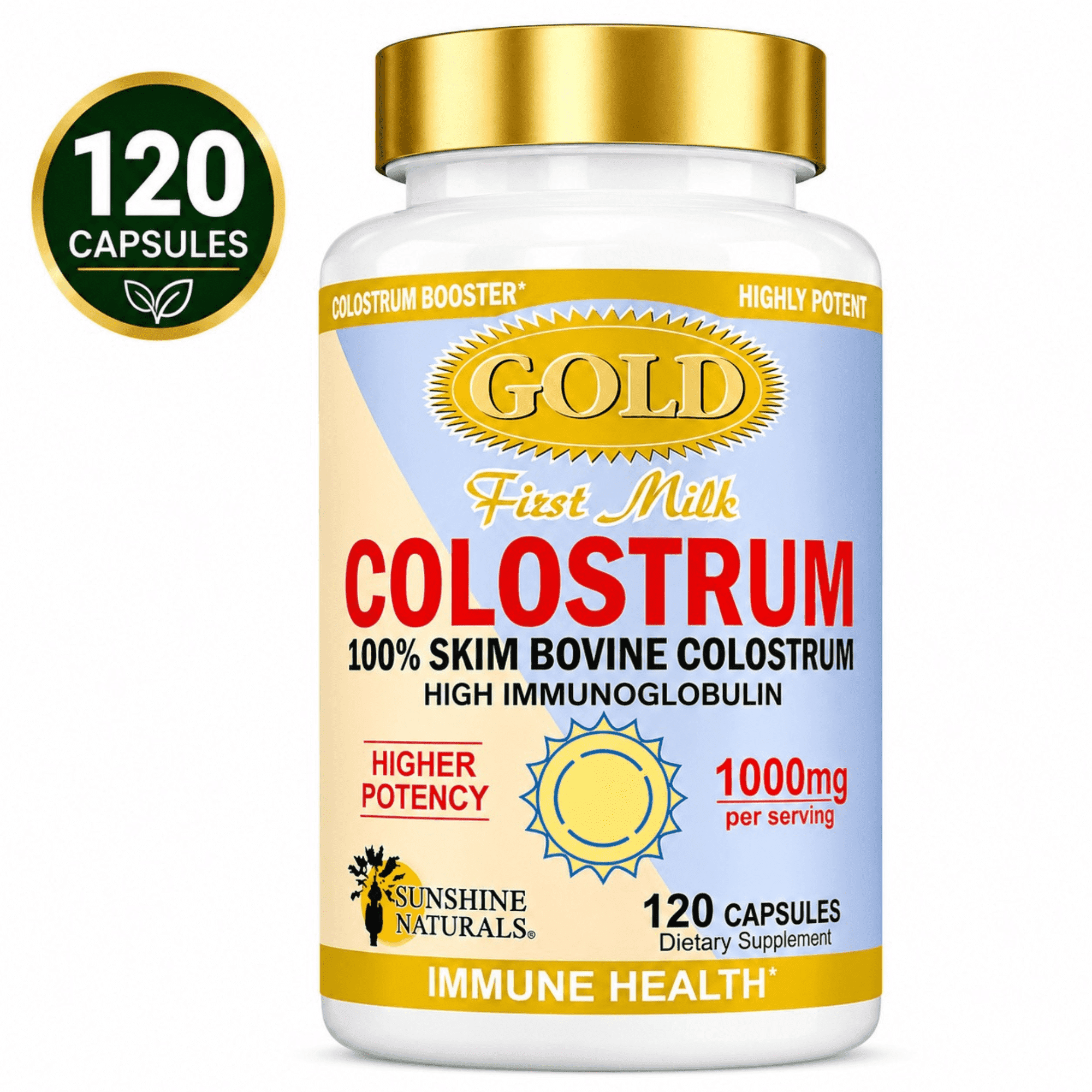 Sunshine Naturals Colostrum Gold 100% Skim Bovine Colostrum 1000mg, High Immunoglobulin Dietary Supplement, 120 Capsules