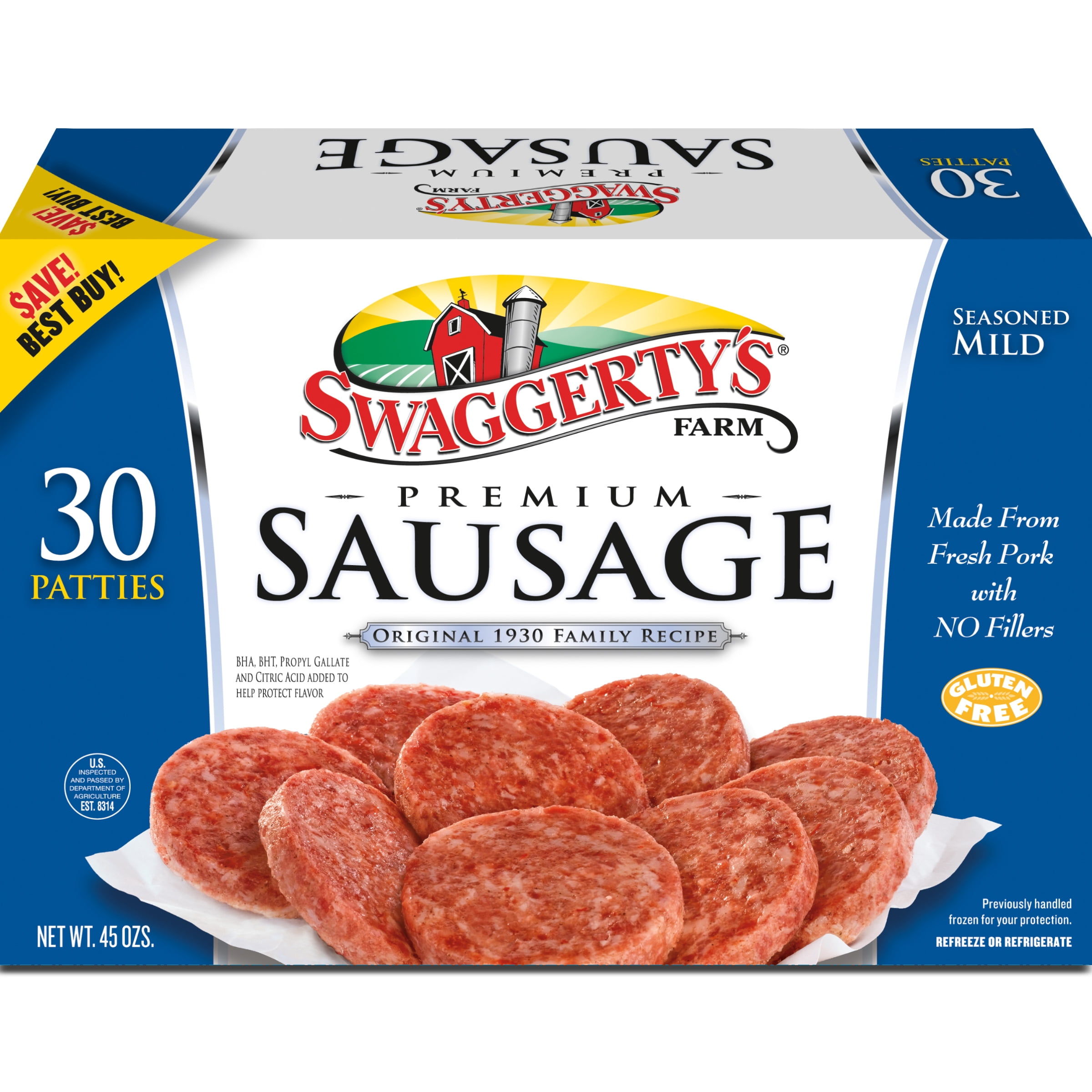 Swaggerty's Farm Mild Breakfast Sausage Patties, 45 oz, Cardboard Box, Raw