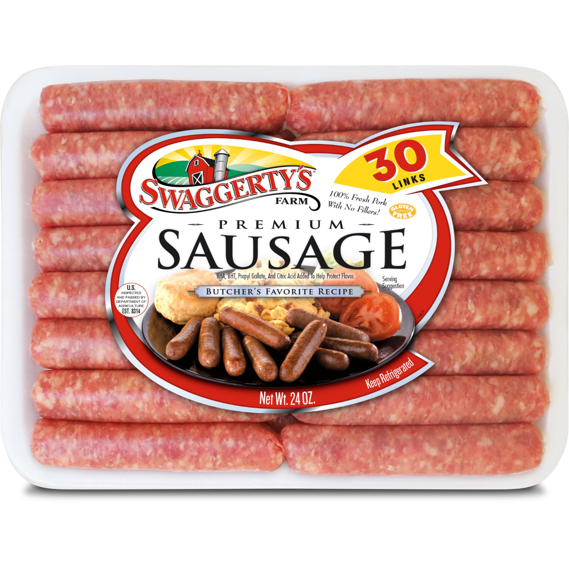 Swaggerty's Farm Premium Mild Sausage Links, 24 oz, 30 Count, Styrofoam Tray Pack, Raw