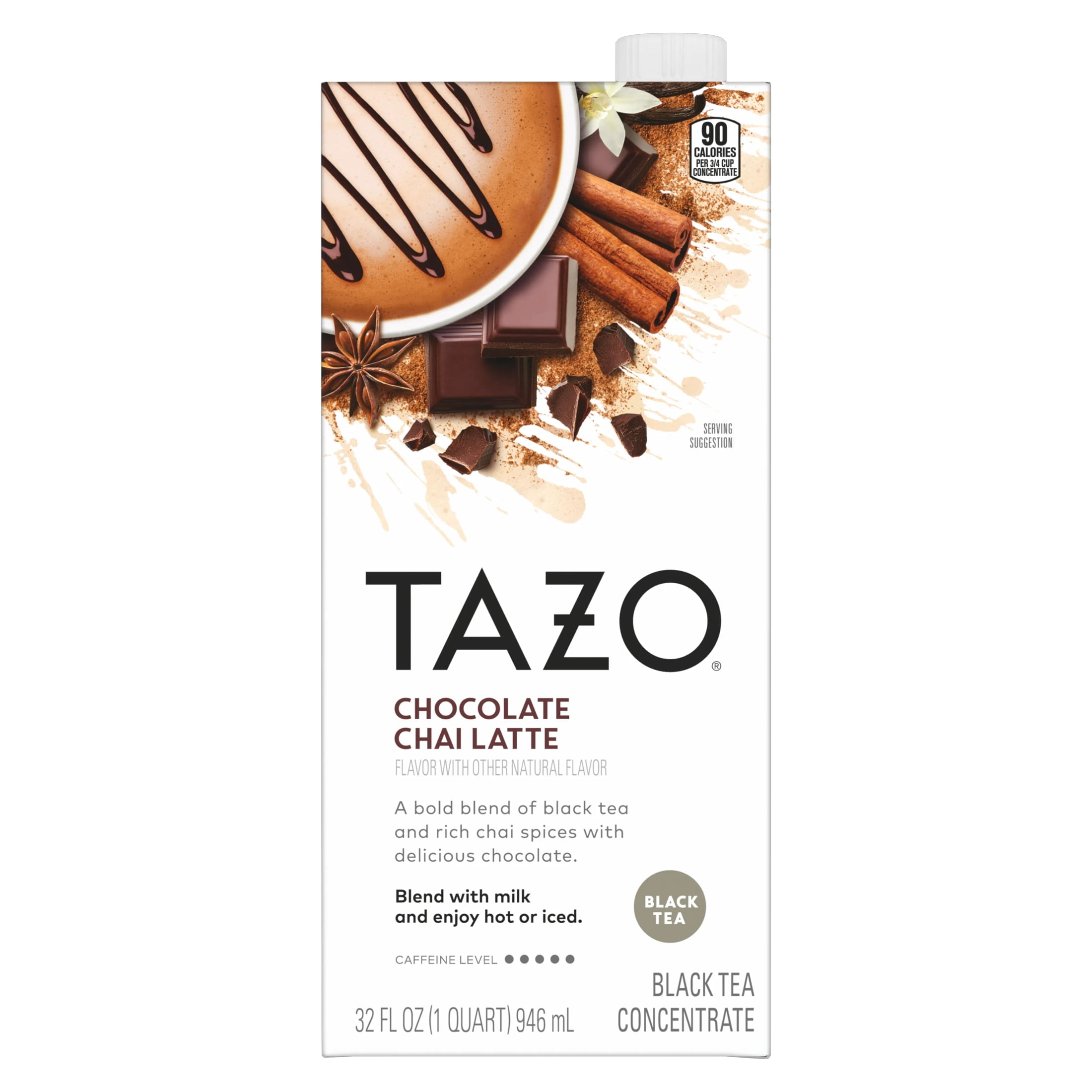 TAZO Chocolate Chai Tea Latte, Flavored Black Tea Concentrate, Easy to Serve Caf-Style Lattes, Caffeinated, Hot or Iced Chocolate Tea, 32oz Carton