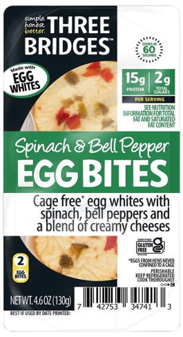 Three Bridges Spinach & Bell Pepper Egg Bite, Gluten Free, 4.6 oz 2 Count (Refrigerated)