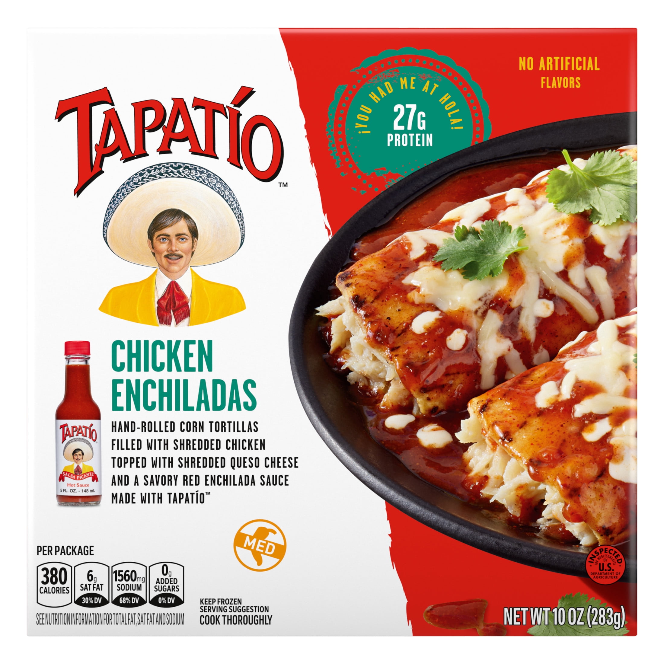 Tapatio Chicken Enchiladas Mexican Microwave TV Dinner with Tapatio Hot Sauce Entree Food Meal, 10 oz (Frozen)