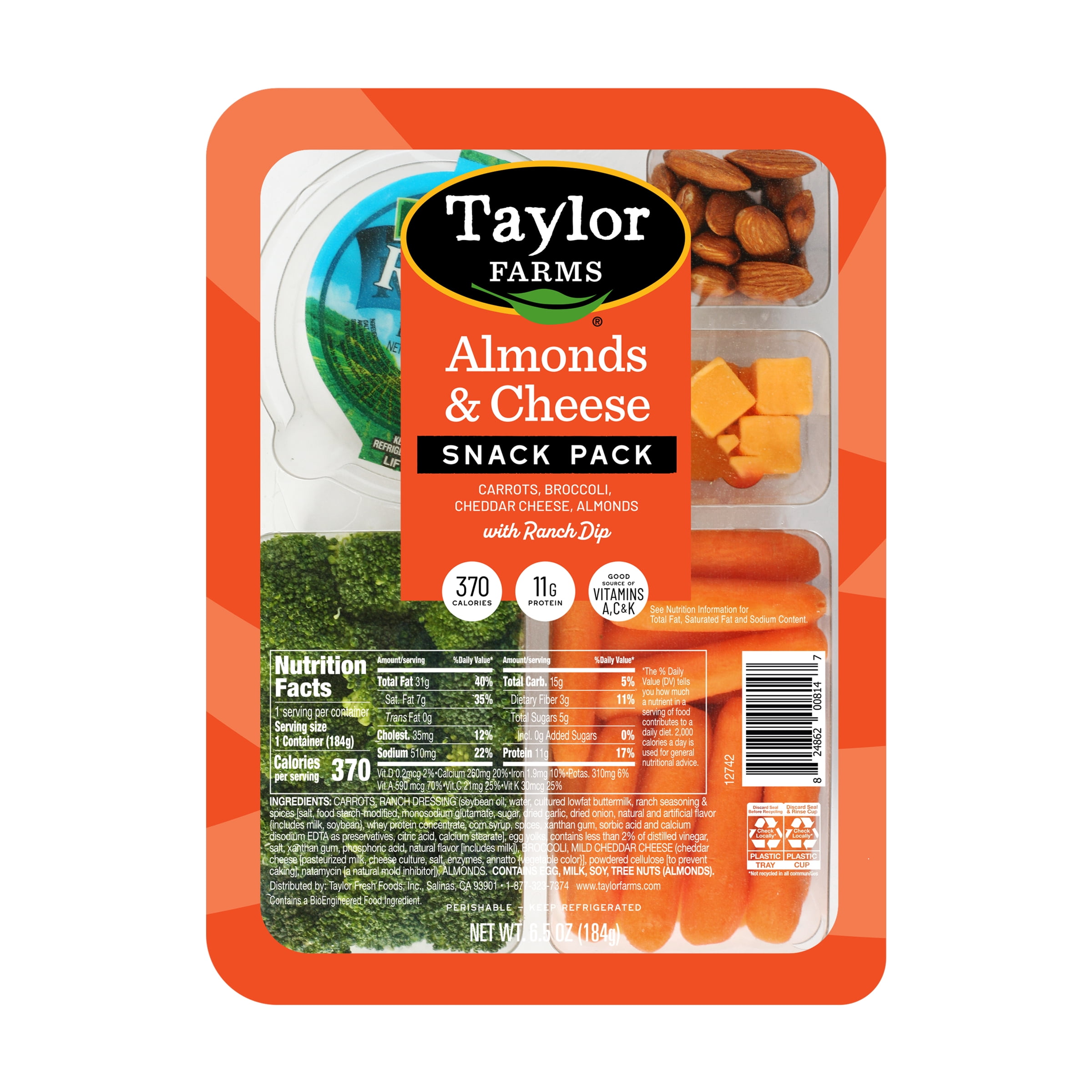 Taylor Farms Almonds & Cheese Refrigerated Snack Pack With Carrots & Broccoli, 6.5 oz tray, Fresh