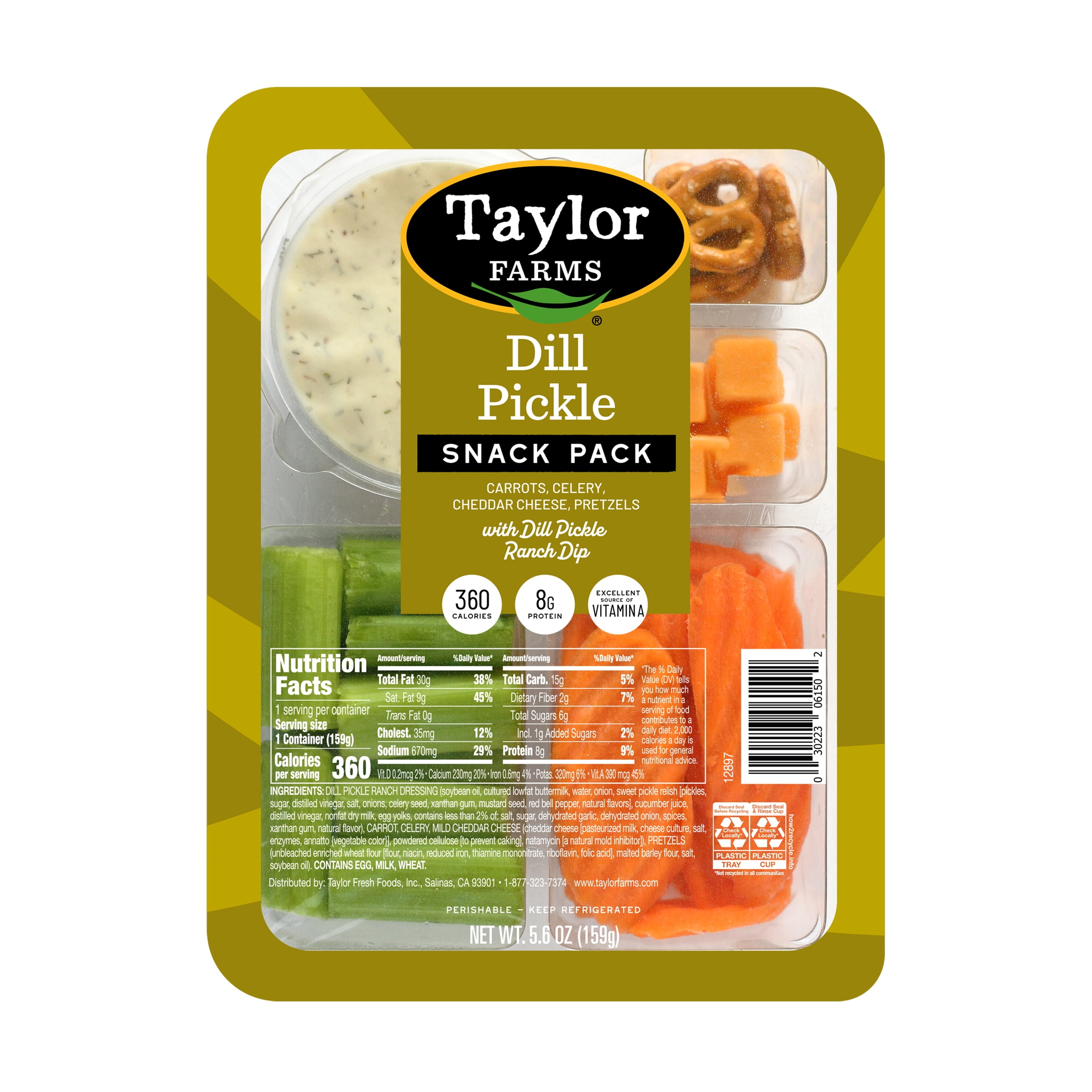 Taylor Farms Dill Pickle Snack Tray with Carrots, Celery, Pretzels, and Cheese, Fresh 5.6 oz pack