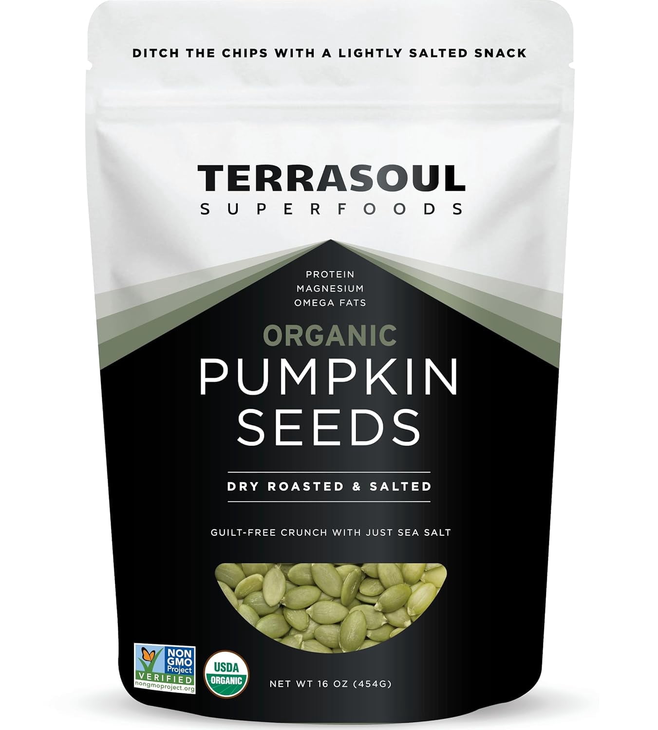 Terrasoul Superfoods Organic Dry-Roasted Salted Pumpkin Seeds (Pepitas), 1 Lb Non-GMO, Gluten-Free, Vegan, Keto-Friendly, Shelf-Stable, Resealable Bag