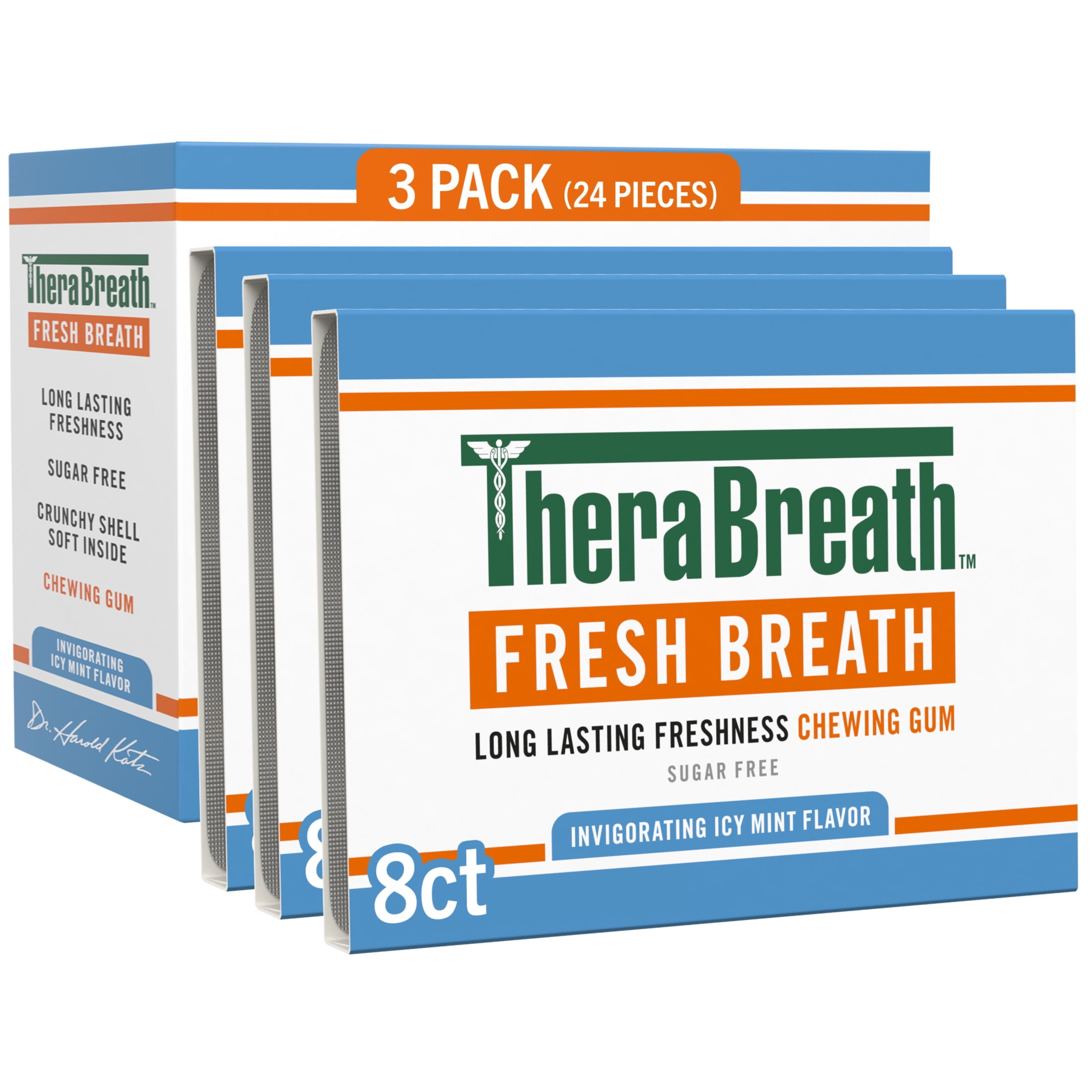 TheraBreath Fresh Breath Chewing Gum for adults, Invigorating Icy Mint Flavor, Long Lasting Freshness on-the-go, Zero Calorie & Sugar-Free with Xylitol, 24pcs