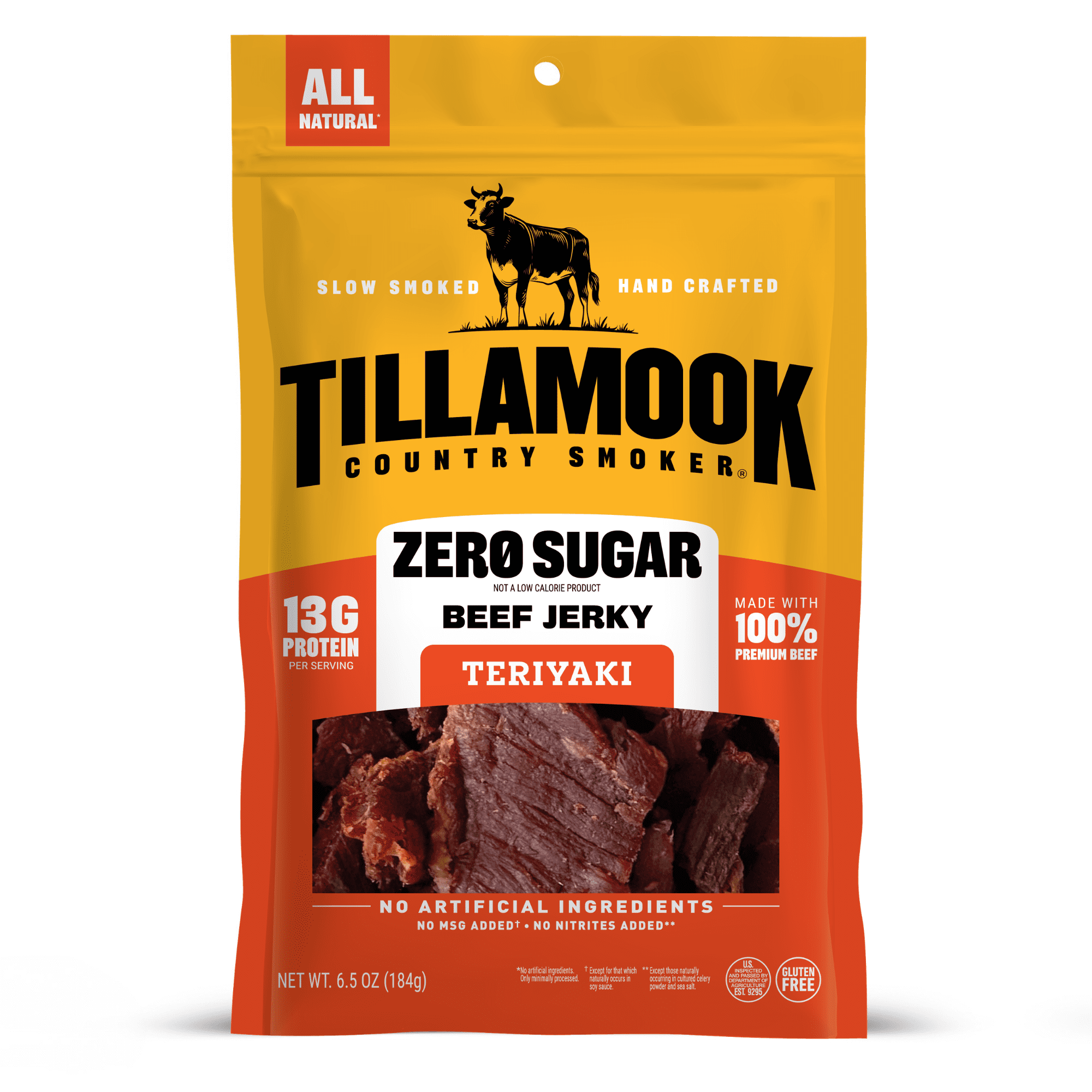 Tillamook Country Smoker Zero Sugar Teriyaki Beef Jerky, 13g Protein per Serving, 6.5 Oz