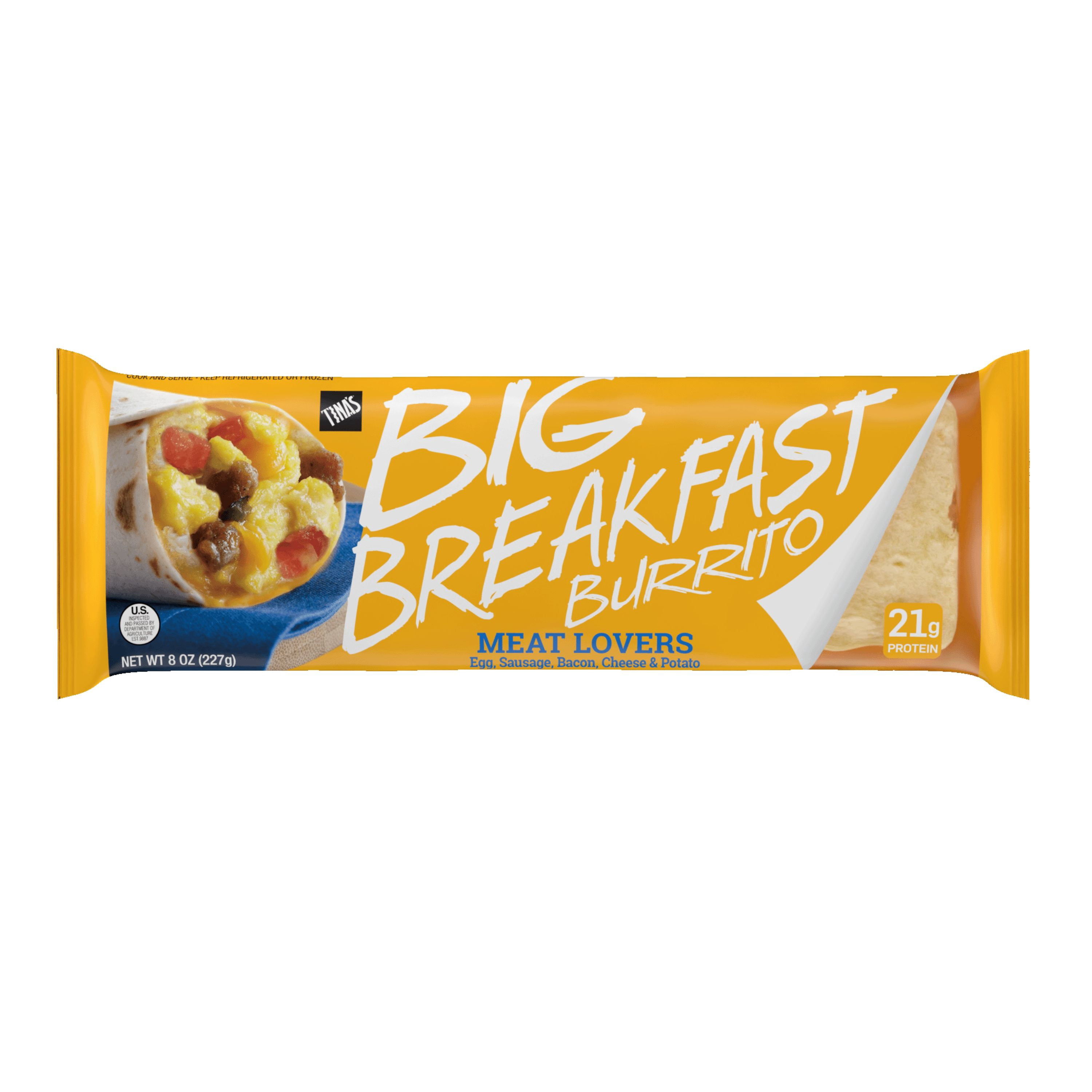 Tinas Big Breakfast Meat Lovers Burrito, Refrigerated Meal, 8 oz, High Protein
