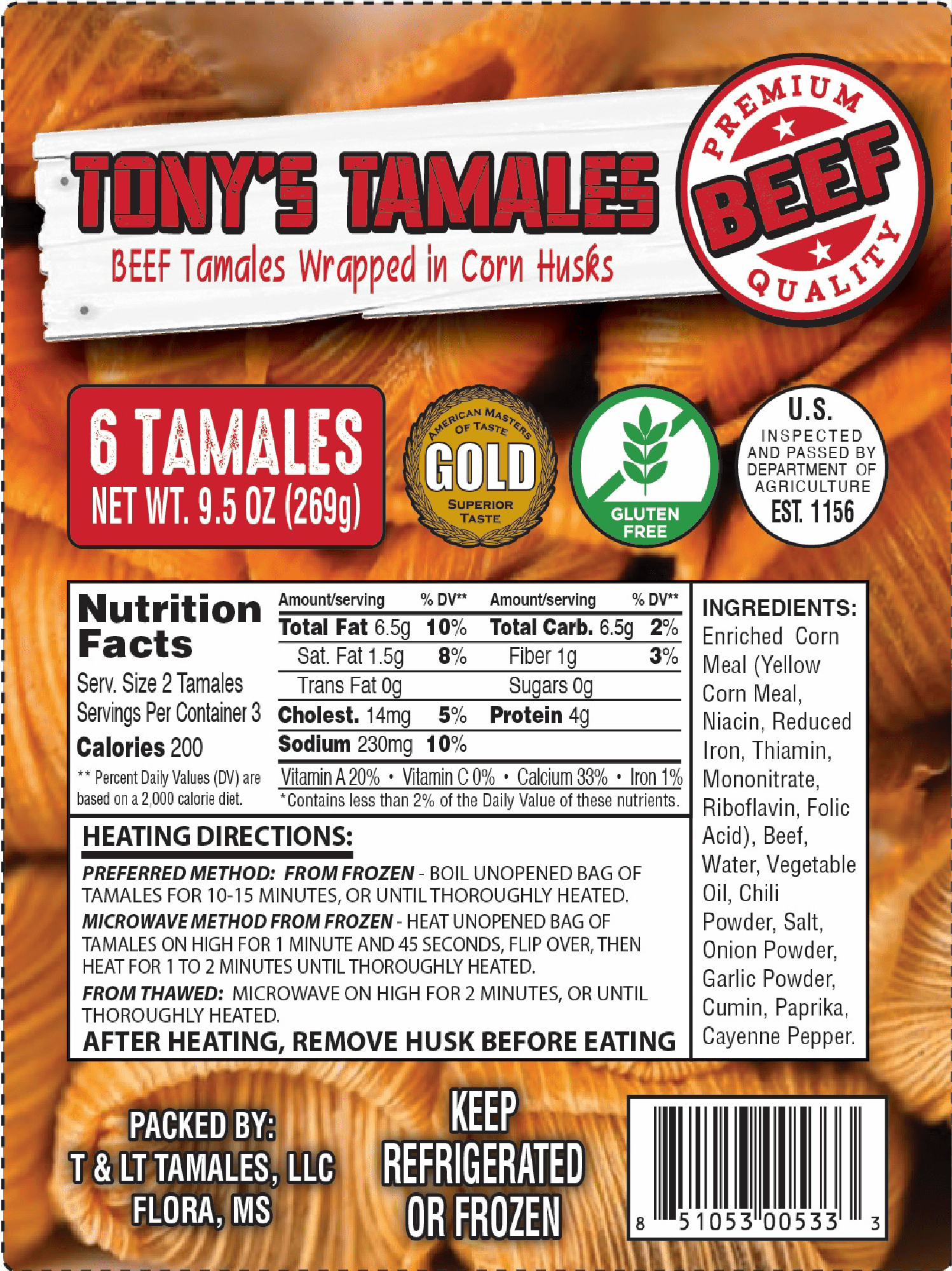 Tony's Tamales Beef Tamales Wrapped in Corn Husk, Gluten Free, Ready to Eat Heat and Serve, Vacuum Sealed Bags, 9.5 oz (Frozen)