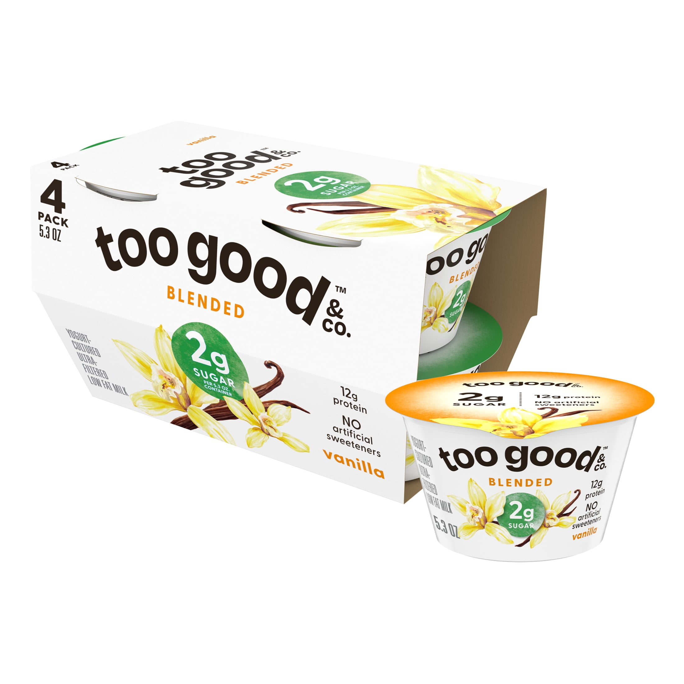 Too Good & Co. Lower Sugar Vanilla Flavored Low Fat Greek Yogurt Cultured Product, 5.3 oz, 4 Count