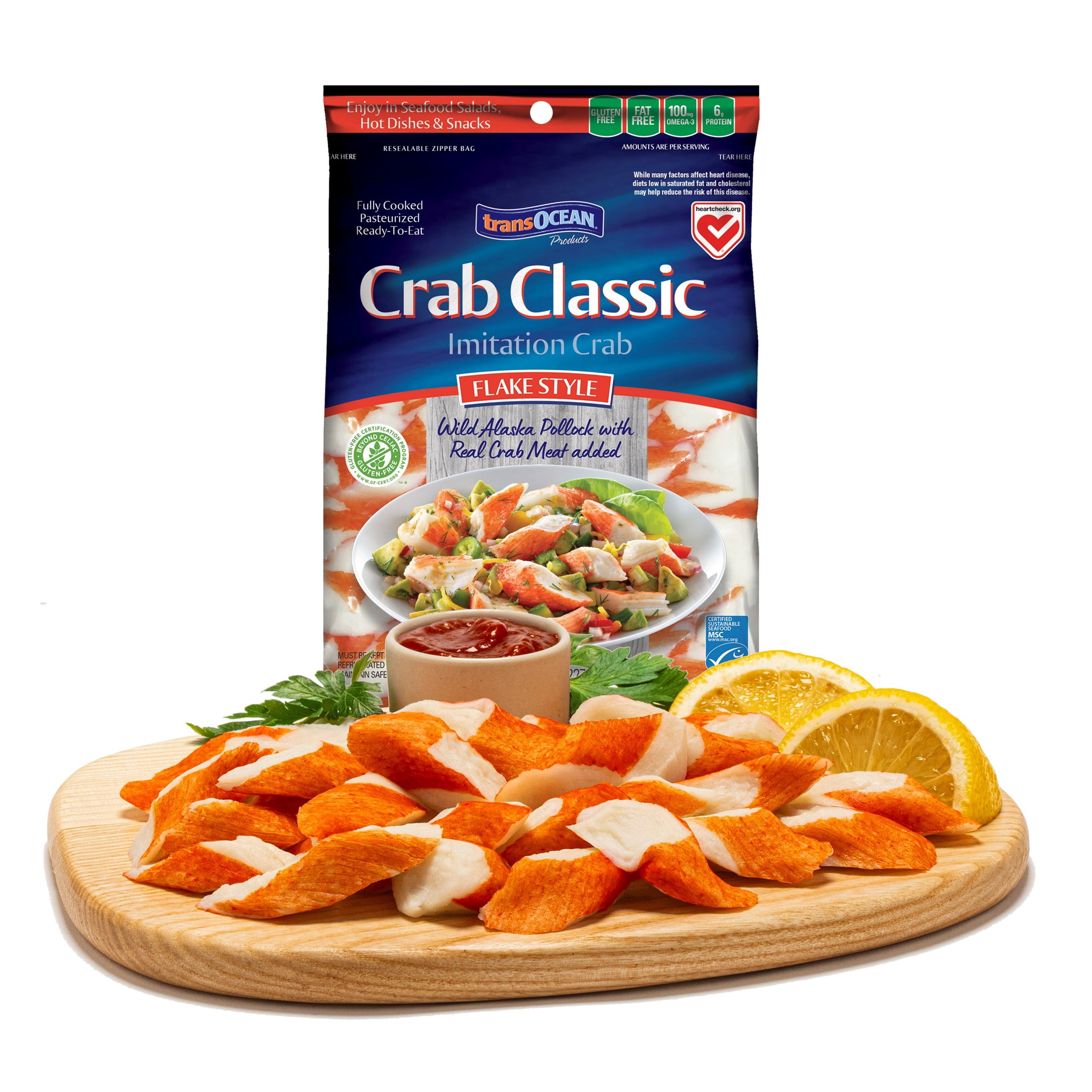 TransOcean Crab Classic Imitation Crab, Flake Style, 8 oz Plastic Bag, Gluten-Free, Fully Cooked