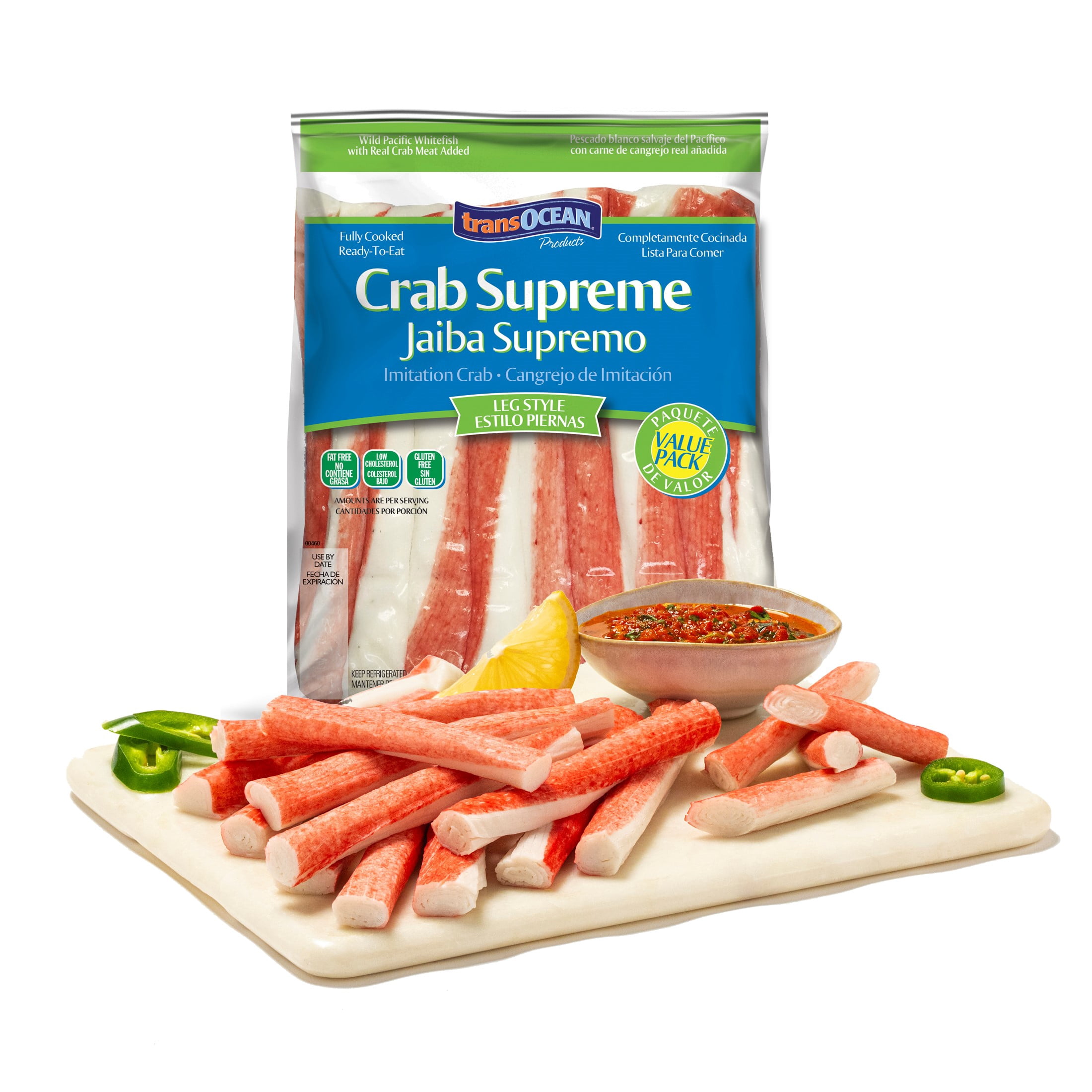 TransOcean Crab Supreme Imitation Crab Leg, Stick Style, 20oz Plastic Bag, Gluten-Free, Fully Cooked