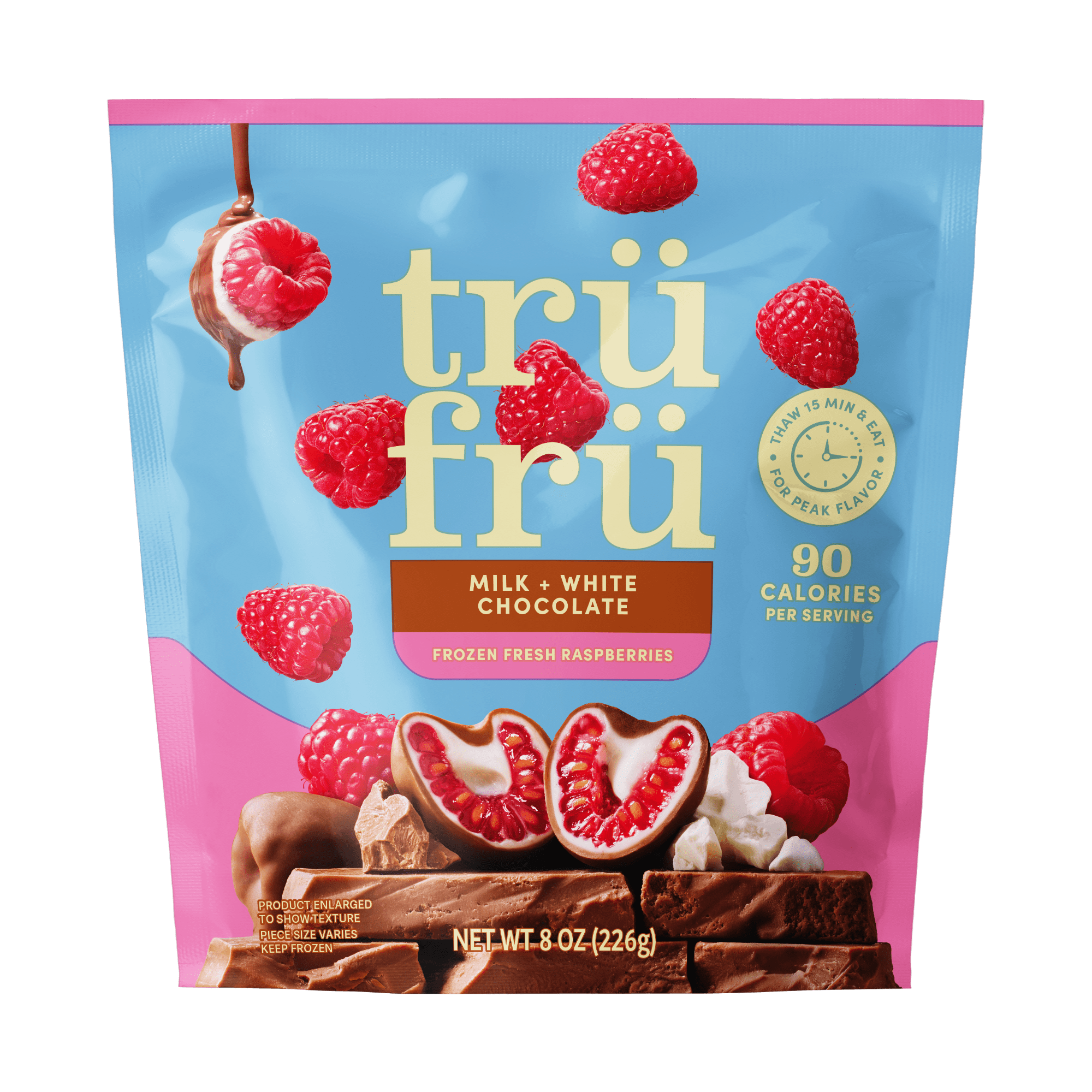 Tru Fru Frozen Raspberries in Milk & White Chocolate, 8oz
