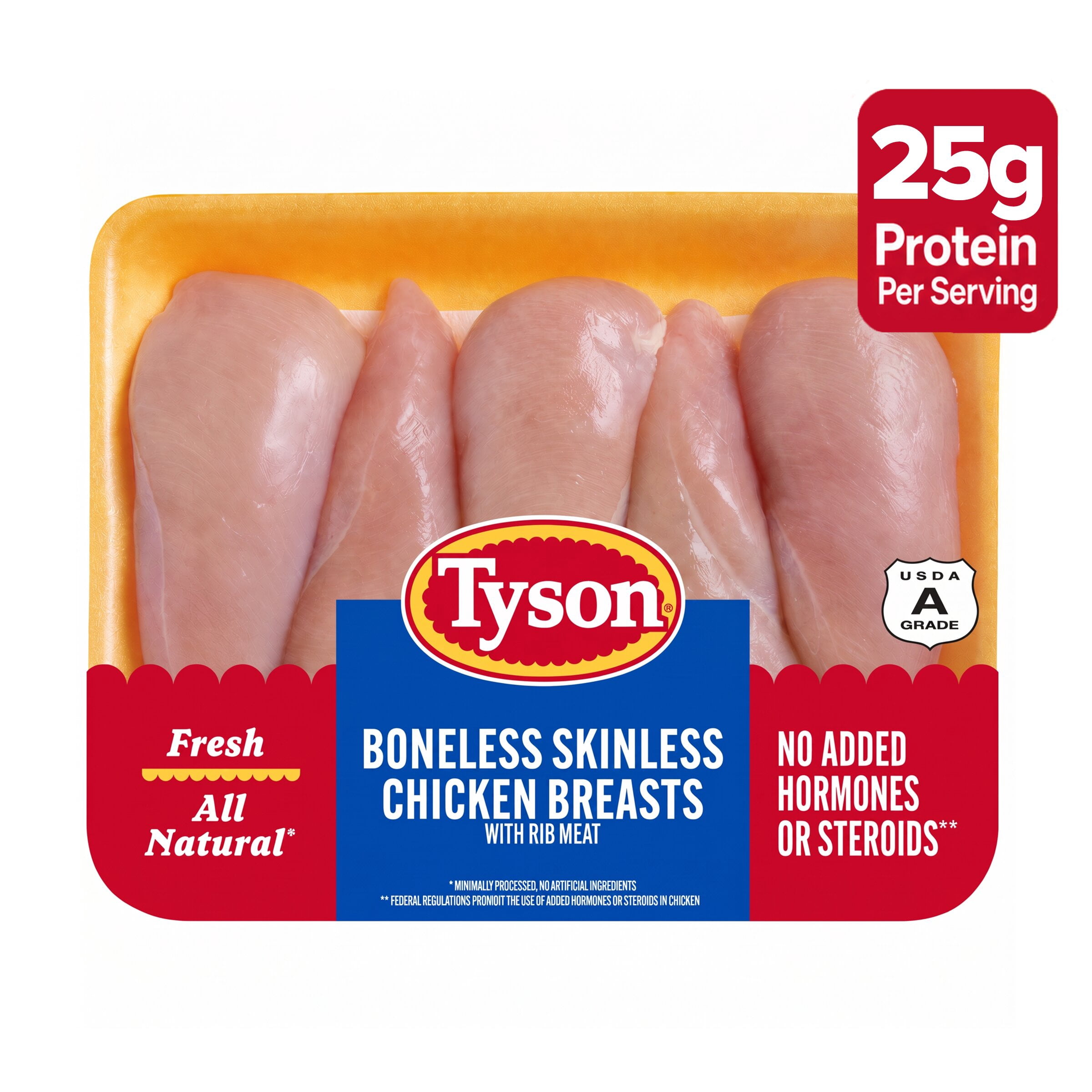 Tyson All Natural, Fresh, Boneless, Skinless Chicken Breasts, 2.5 - 4.0 lb Tray