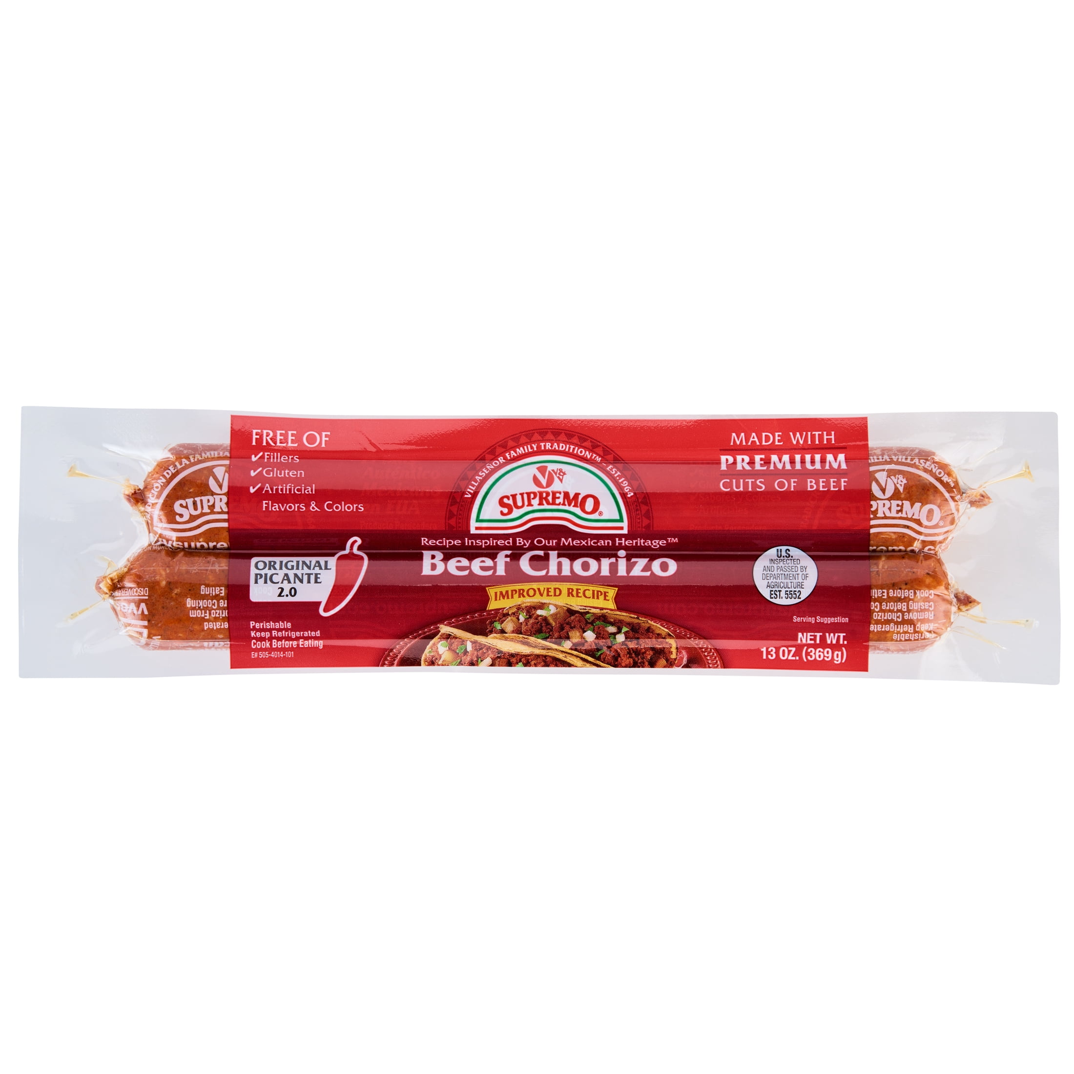 V&V Supremo Authentic Mexican Style Premium Beef Chorizo, Gluten-Free, Original Picante, 13 oz, Refrigerated