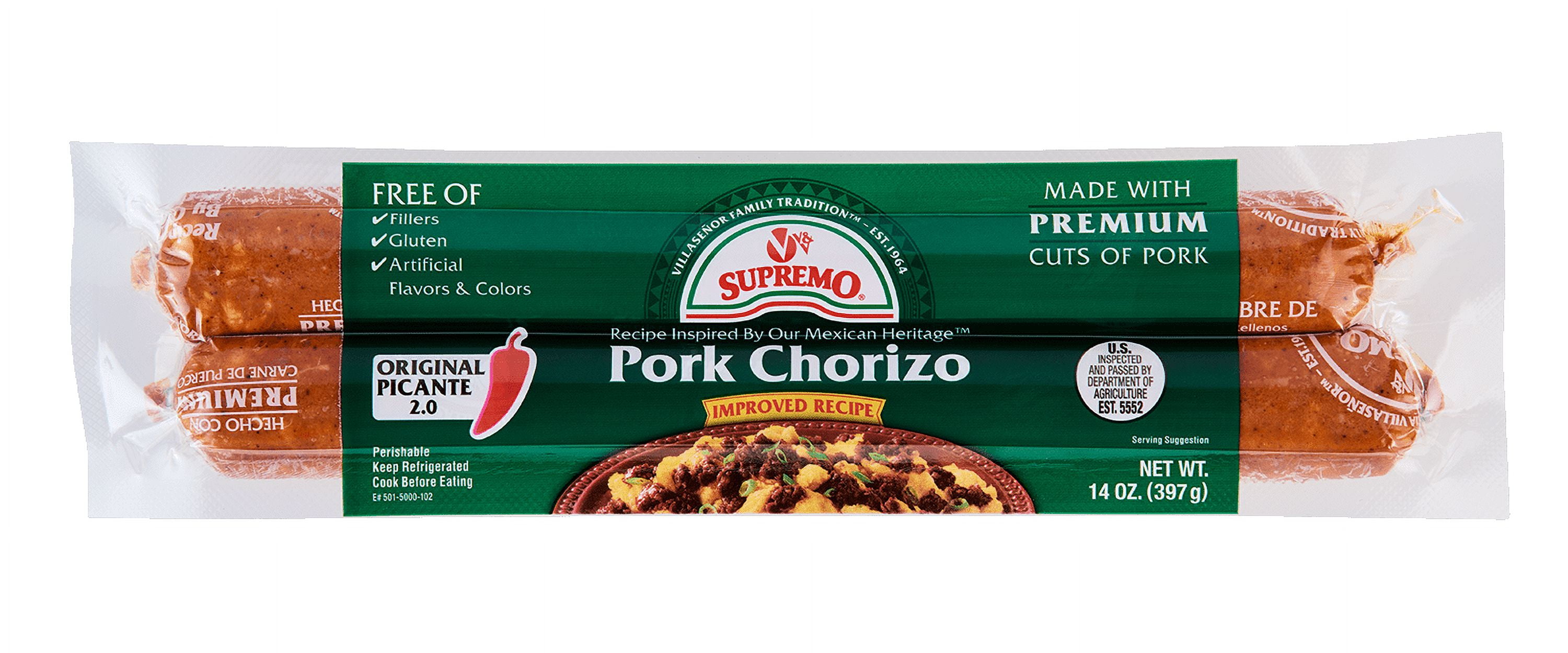 V&V Supremo Authentic Mexican Style Original Picante Premium Pork Chorizo, Gluten-Free, 14 oz, Refrigerated
