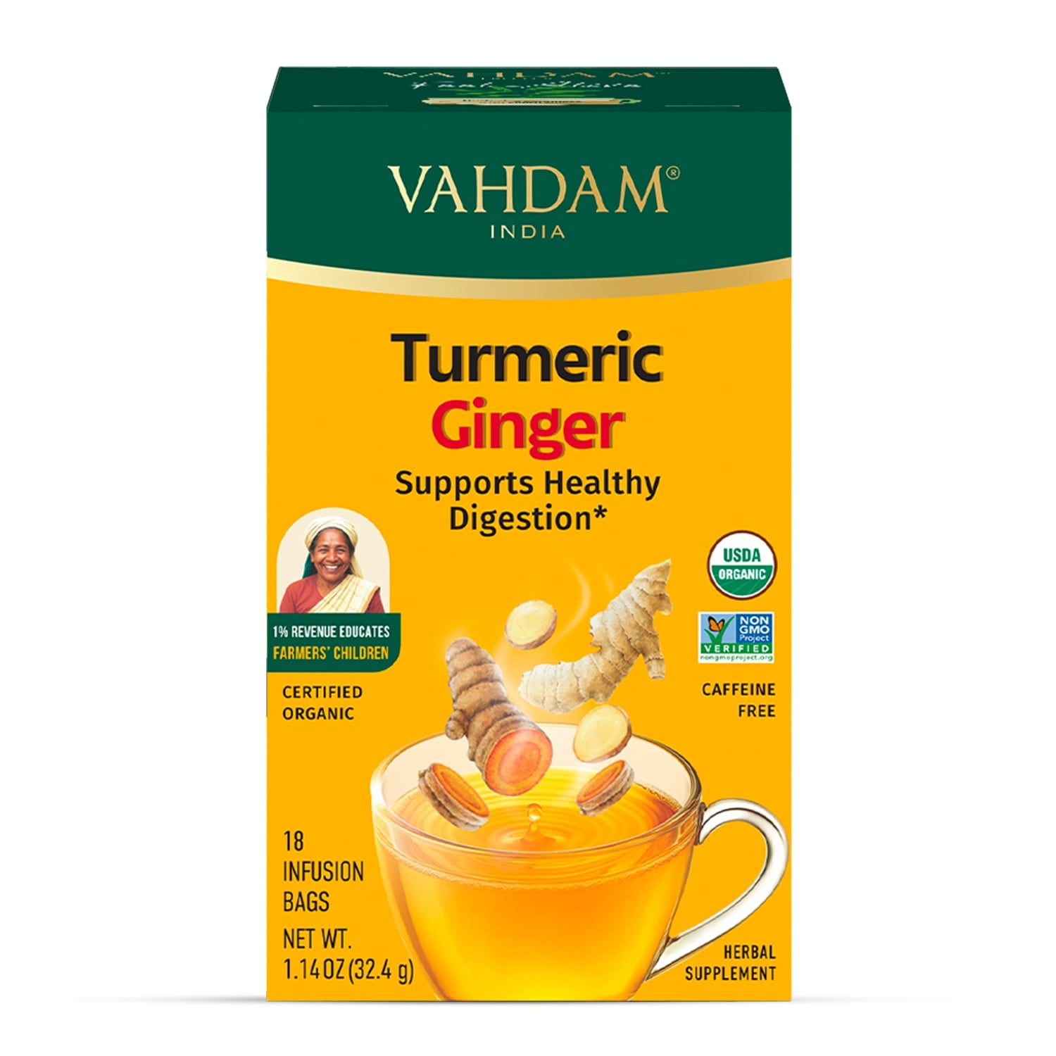 VAHDAM Organic Turmeric Ginger Herbal Tea, 18 Tea Bags | Ginger Turmeric Tea Supports Healthy Digestion & Joint Health | Caffeine Free Herbal Tea, Non-GMO, Gluten-Free | Organic Tea Bags