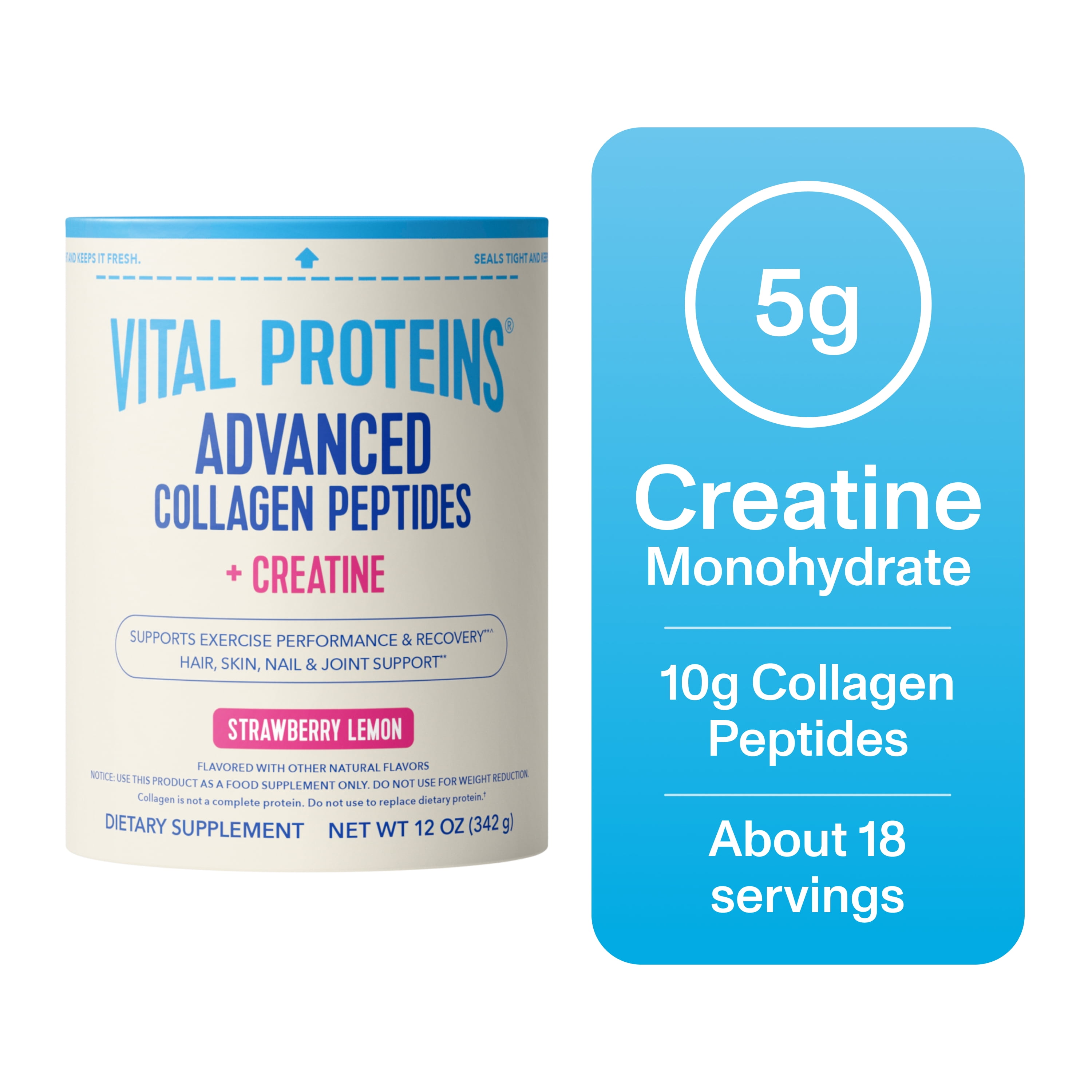 Vital Proteins Advanced Collagen Peptides Plus Creatine Monohydrate Powder, Supports Exercise Performance & Recovery, Strawberry Lemon, 12 oz