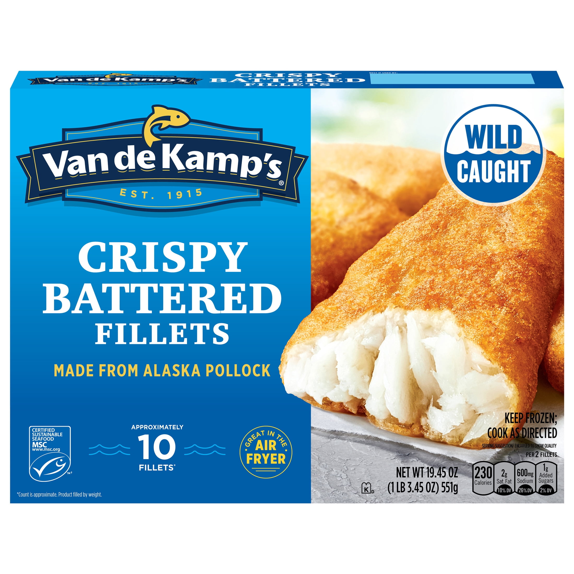Van de Kamp's Crispy Battered 100% Wild-Caught Fish Fillets, 19.45 oz. 10-Count Box (Frozen)