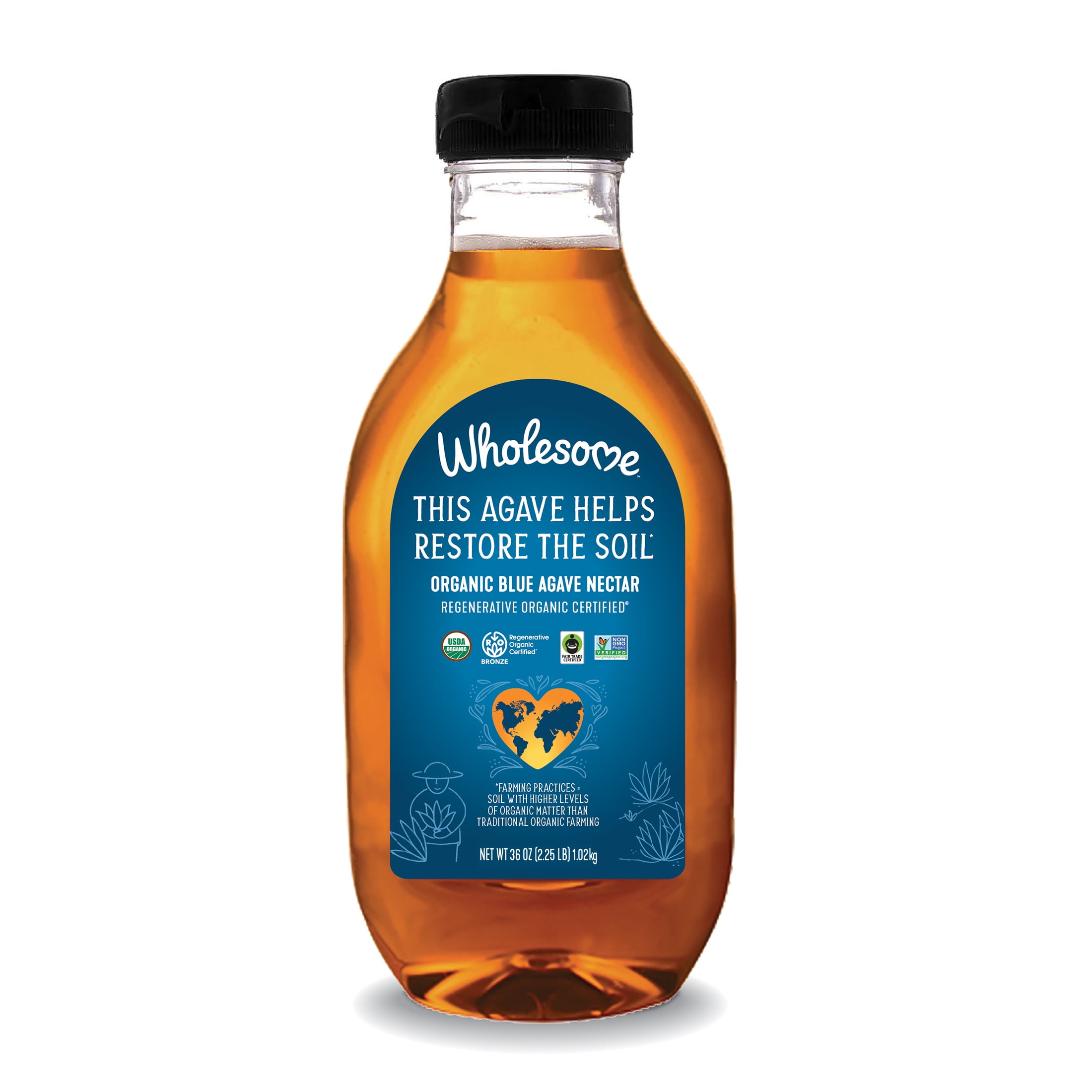 Wholesome Regenerative Organic Blue Agave Nectar, Fair Trade Sweetener for Margaritas & Cocktails, 36oz Bottle