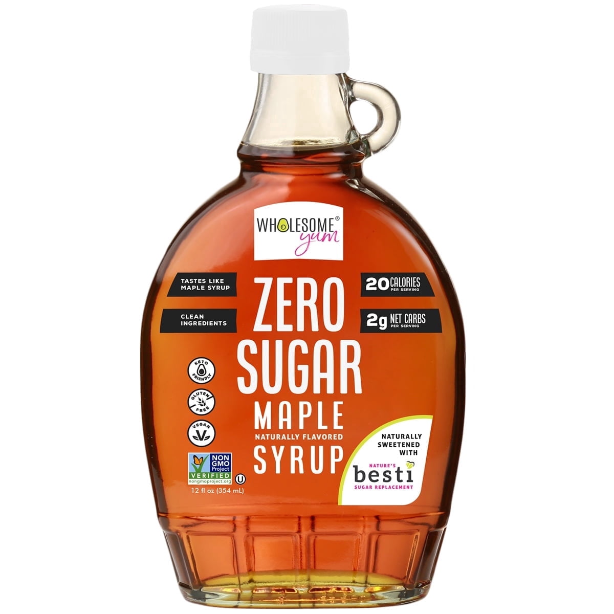 Wholesome Yum Zero Sugar Maple Syrup, Monk Fruit Allulose, 12 fl oz Glass Bottle