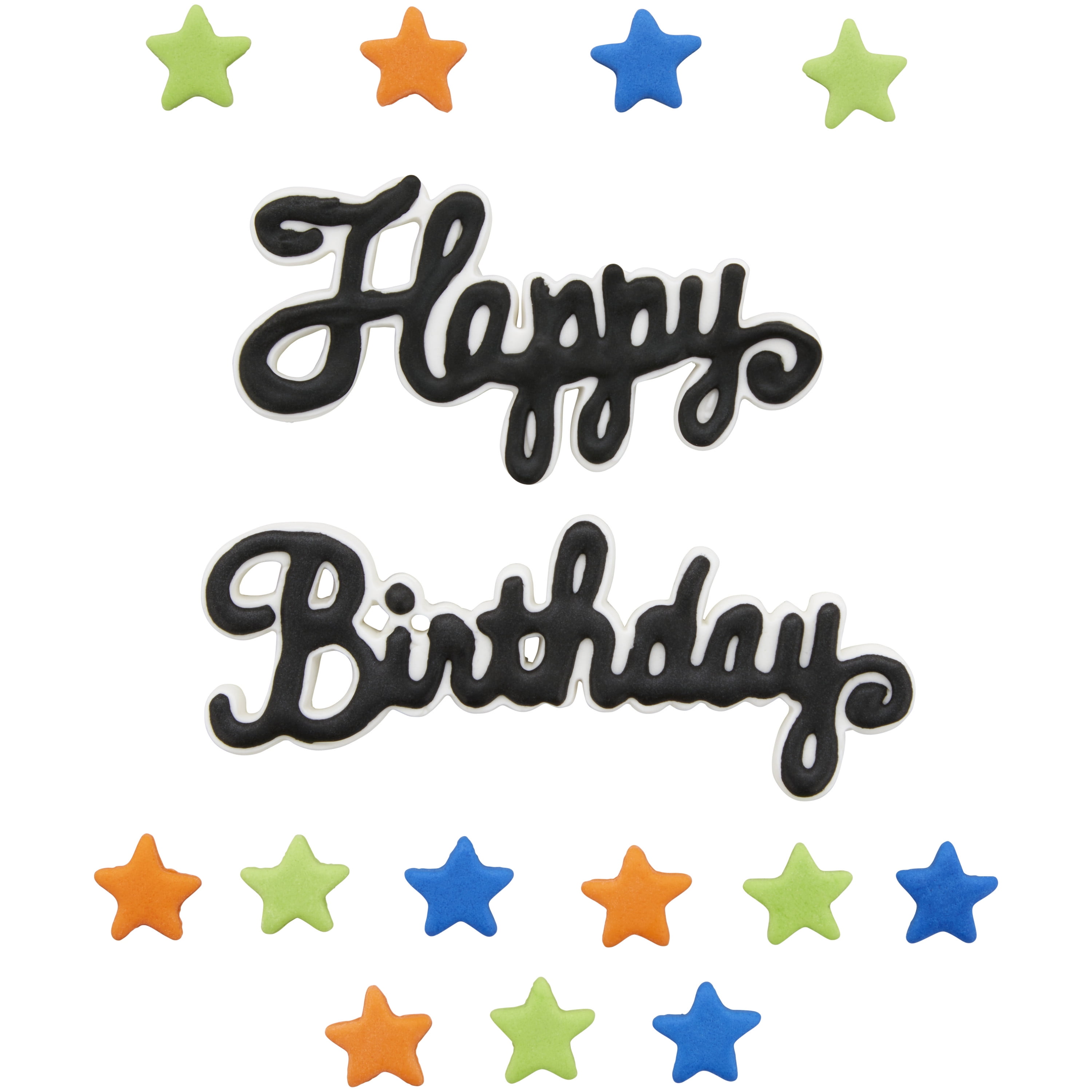 Wilton Happy Birthday Royal Icing Cake Topper with Stars Edible Cake Decoration 15-Pieces 1.34 oz. Assorted Colors