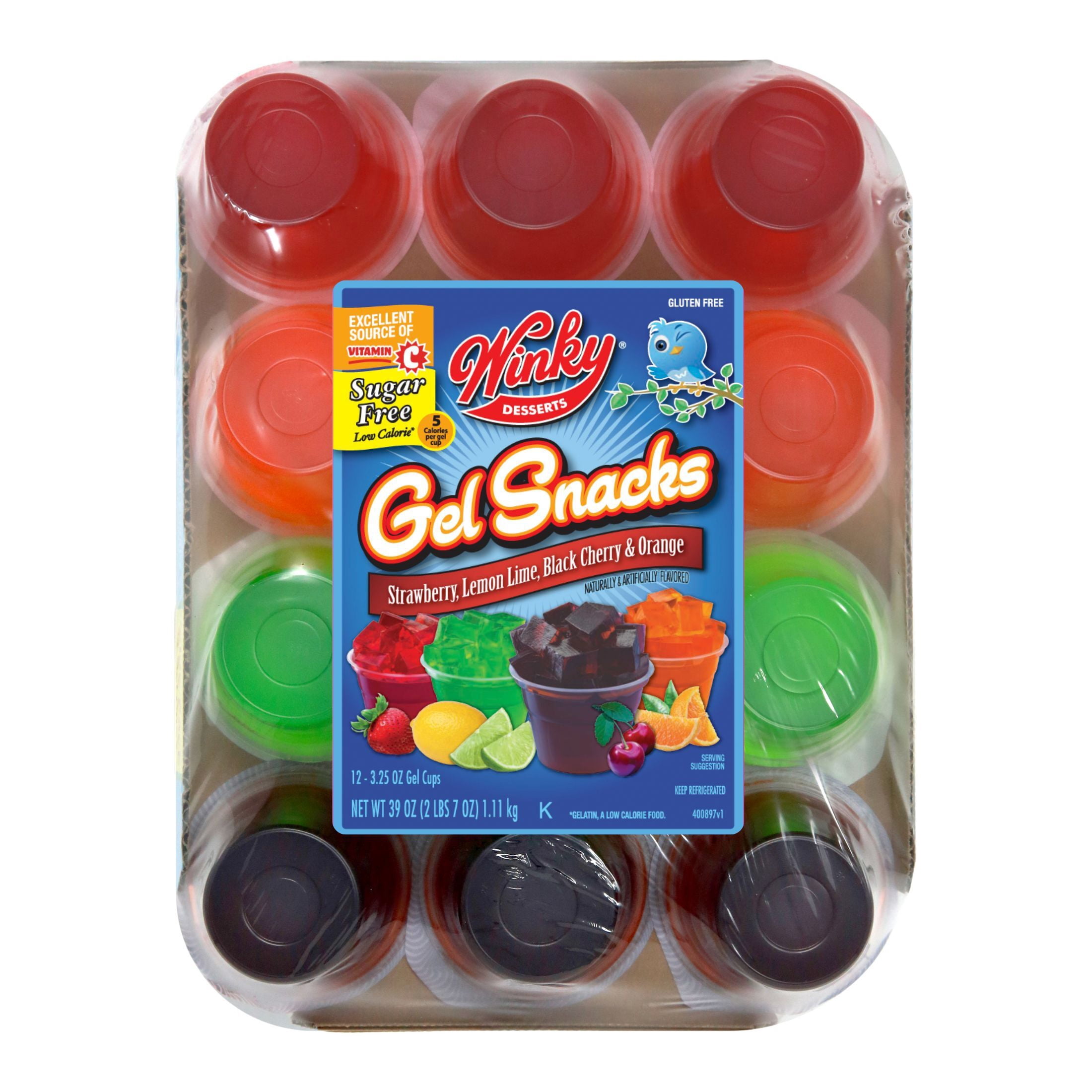 Winky Brand Sugar Free Gelatin, Strawberry, Lemon-Lime, Orange, Cherry, 12 Count Plastic Cups, Refrigerated, Gluten-Free