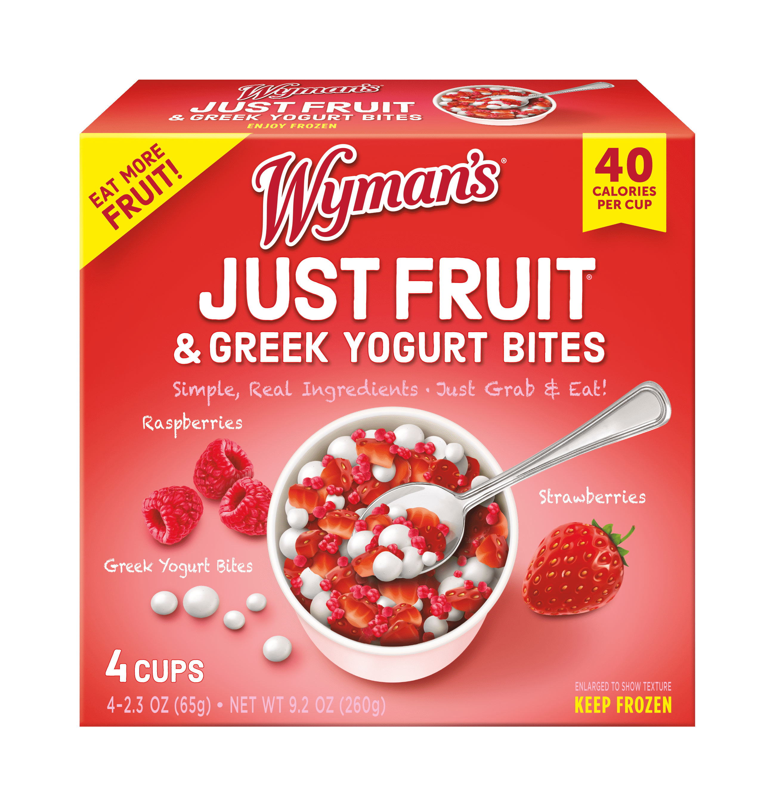 Wyman's Just Fruit & Greek Yogurt Bites, Raspberry & Strawberry, 4 Pack of 2.3 oz Cups (Frozen)