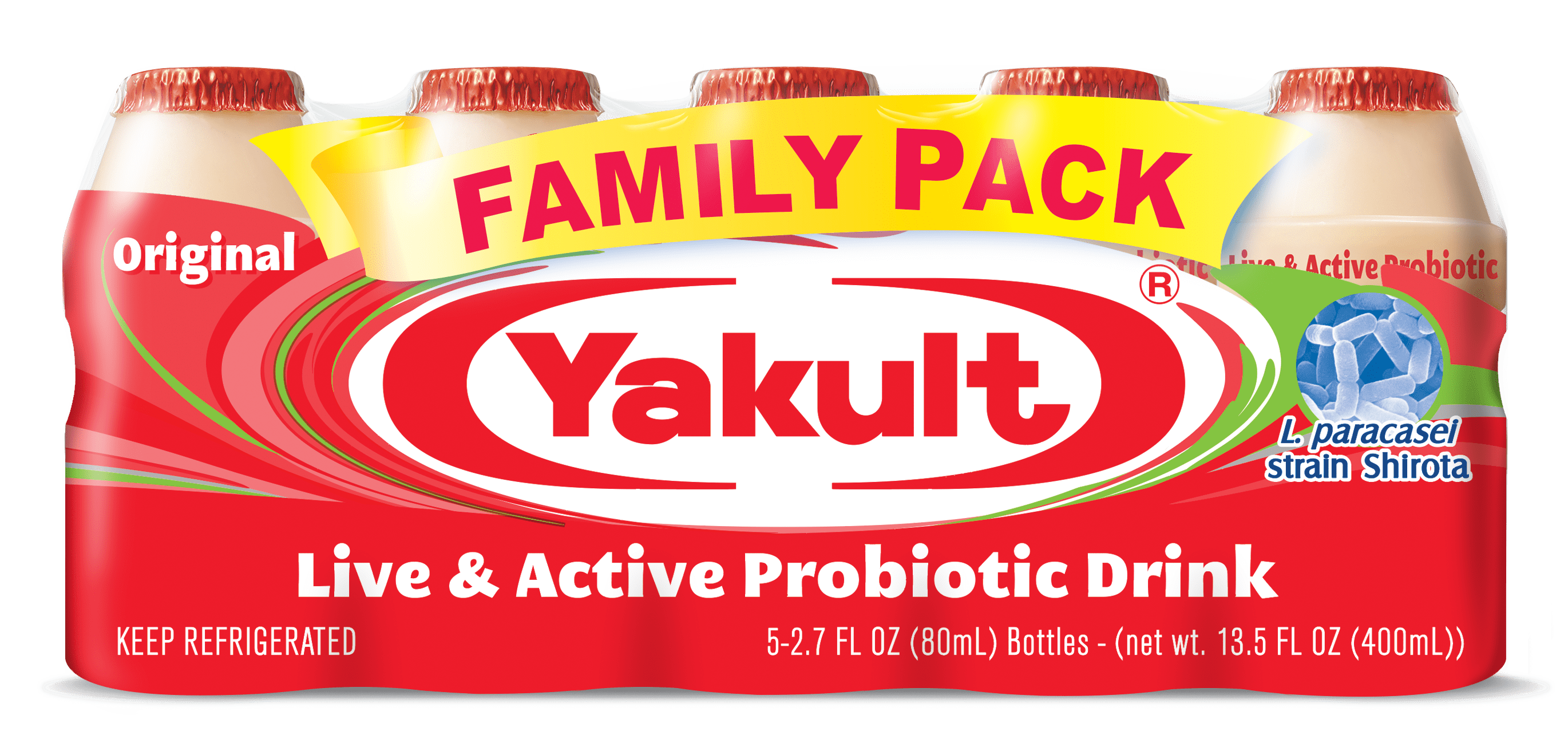 Yakult Non-Fat Live &Active Probiotic Drink Family Pack, 2.7 fl oz, 20 Count, No Gluten, Plastic Bottle, Yogurt Section, for Entire Family