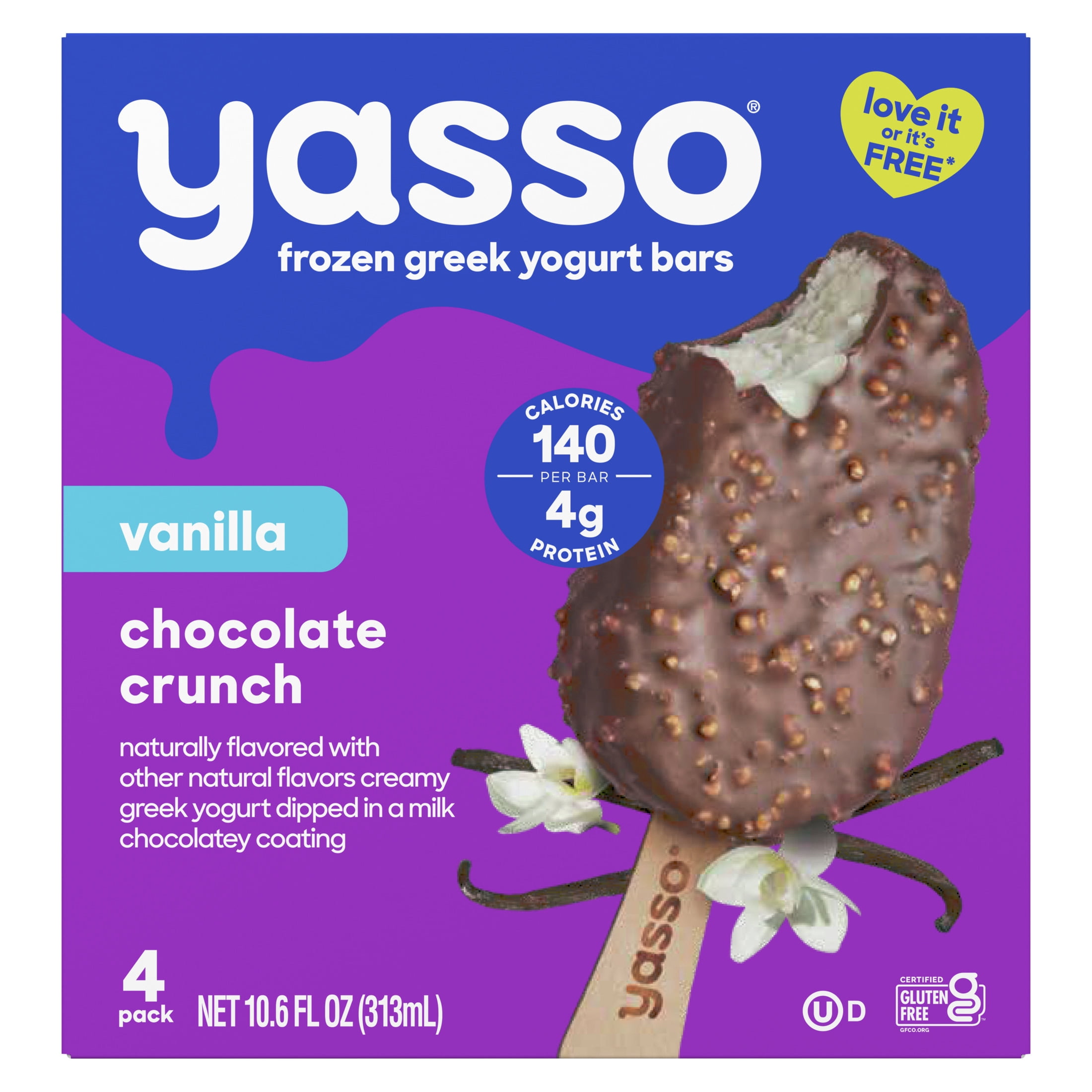 Yasso Frozen Vanilla Chocolate Crunch Greek Yogurt Bars, Kosher, Gluten-Free 4 Count