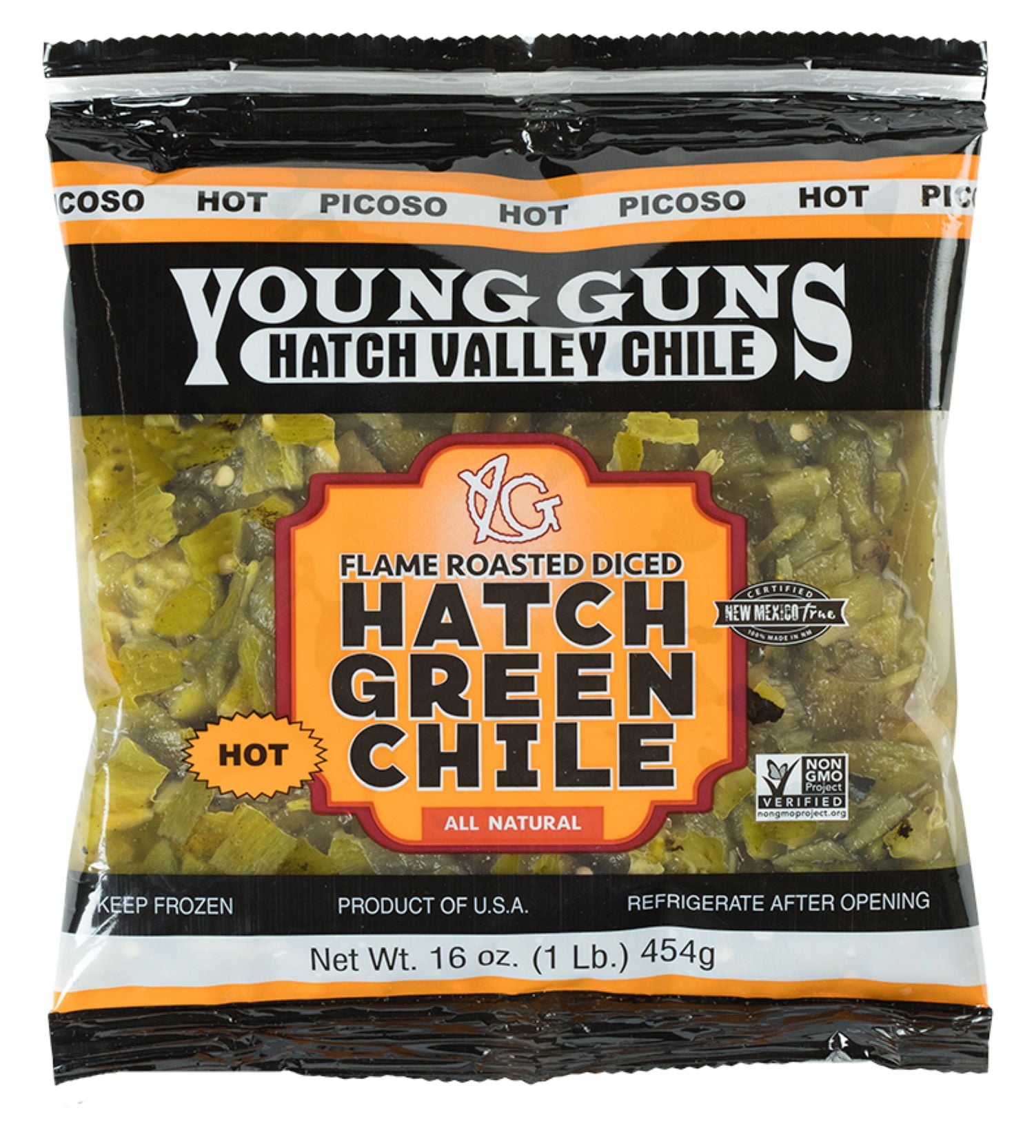 Young Guns Hatch Valley Flame Roasted, Diced Hatch Green Chile (Hot), Frozen 16 oz Bag