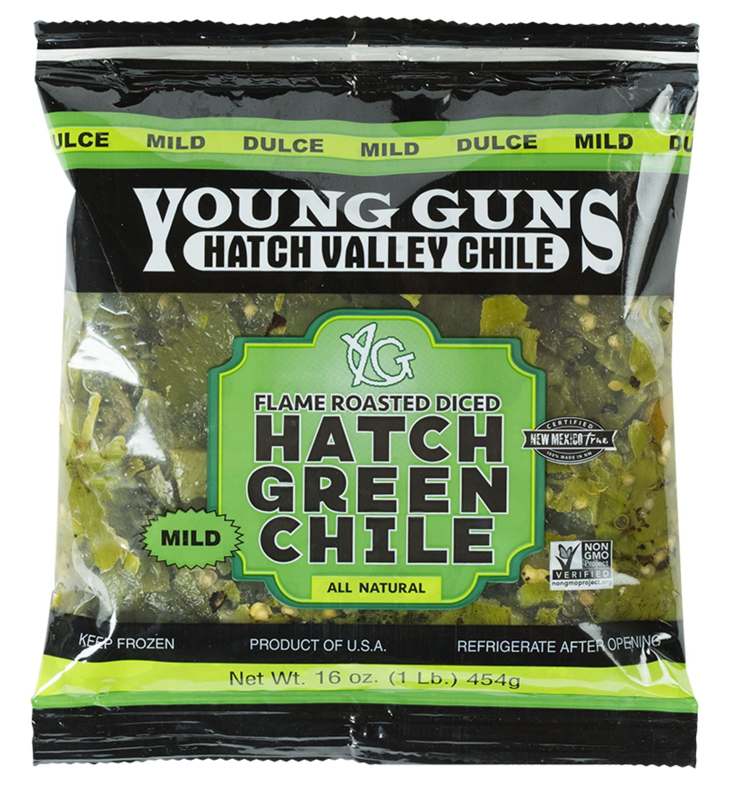 Young Guns Mild Diced Green Hatch Chile, Frozen 16oz Bag