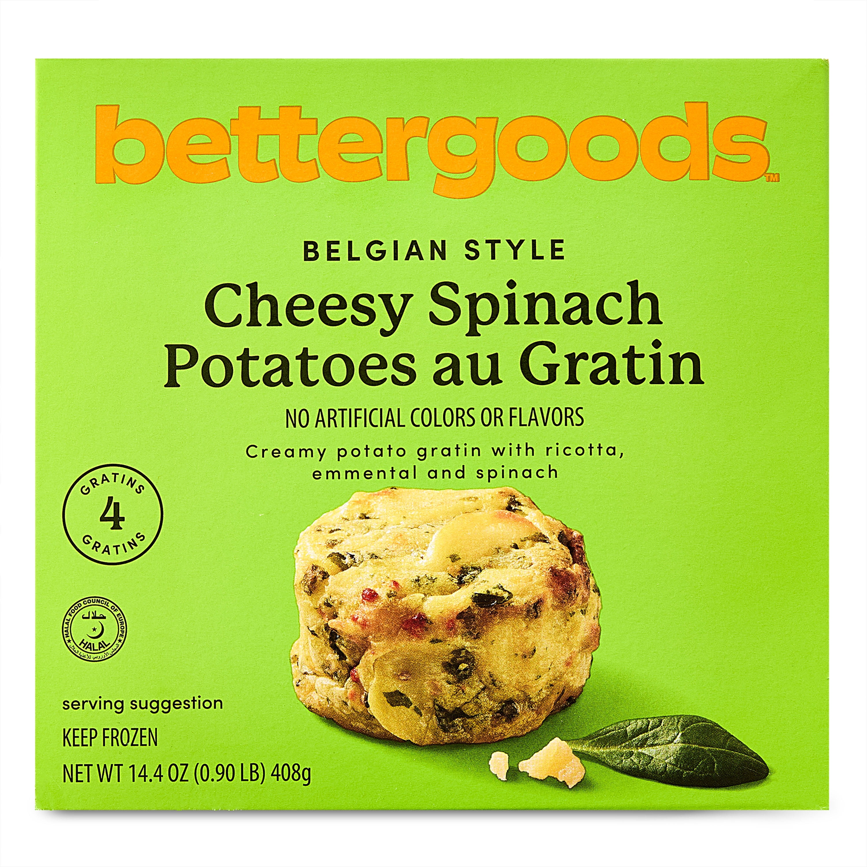 bettergoods Belgian Style Cheesy Spinach Potatoes Au Gratin, 14.4 oz (Frozen)