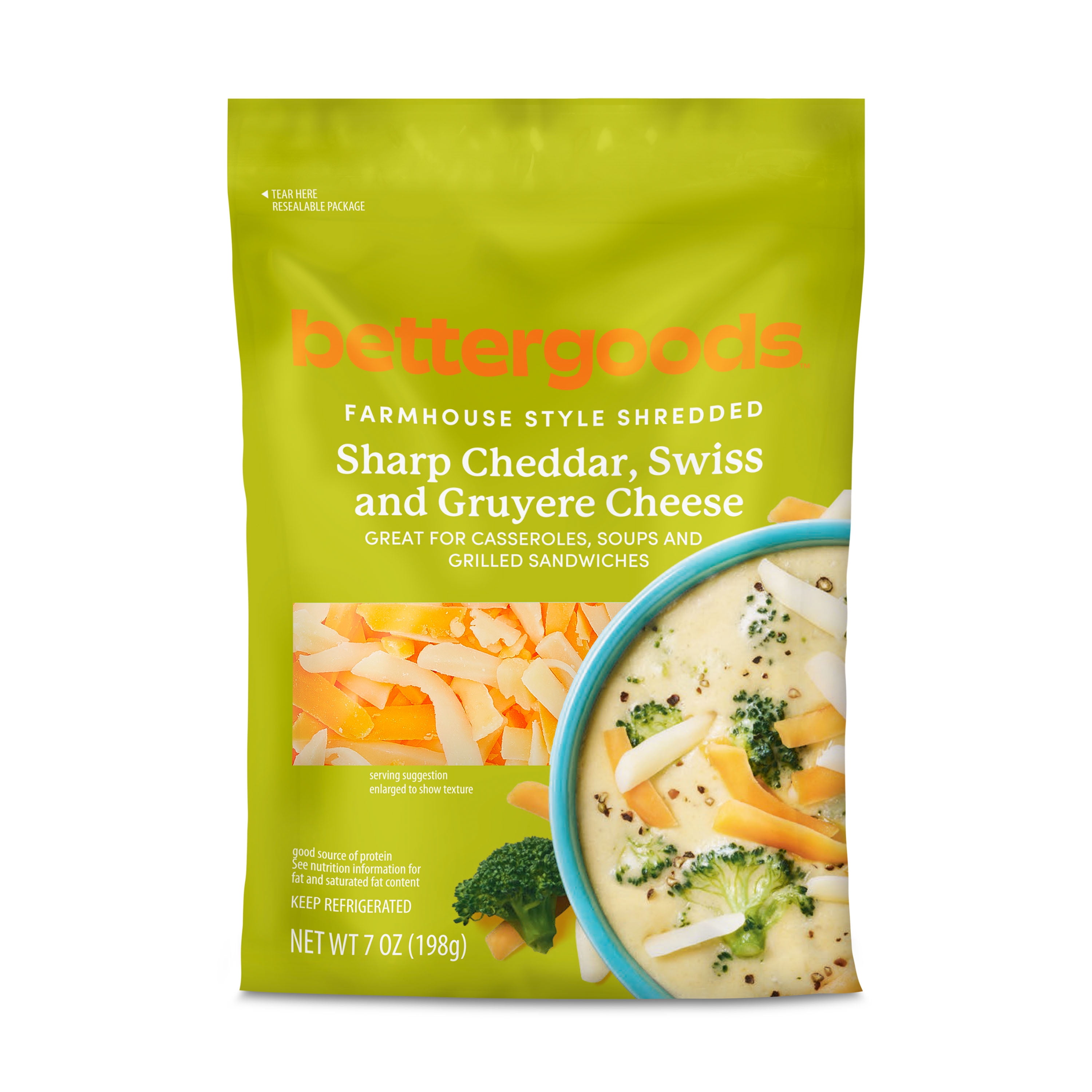 bettergoods Farmhouse Style Shredded Sharp Cheddar, Swiss, and Gruyere Cheese, 7 oz