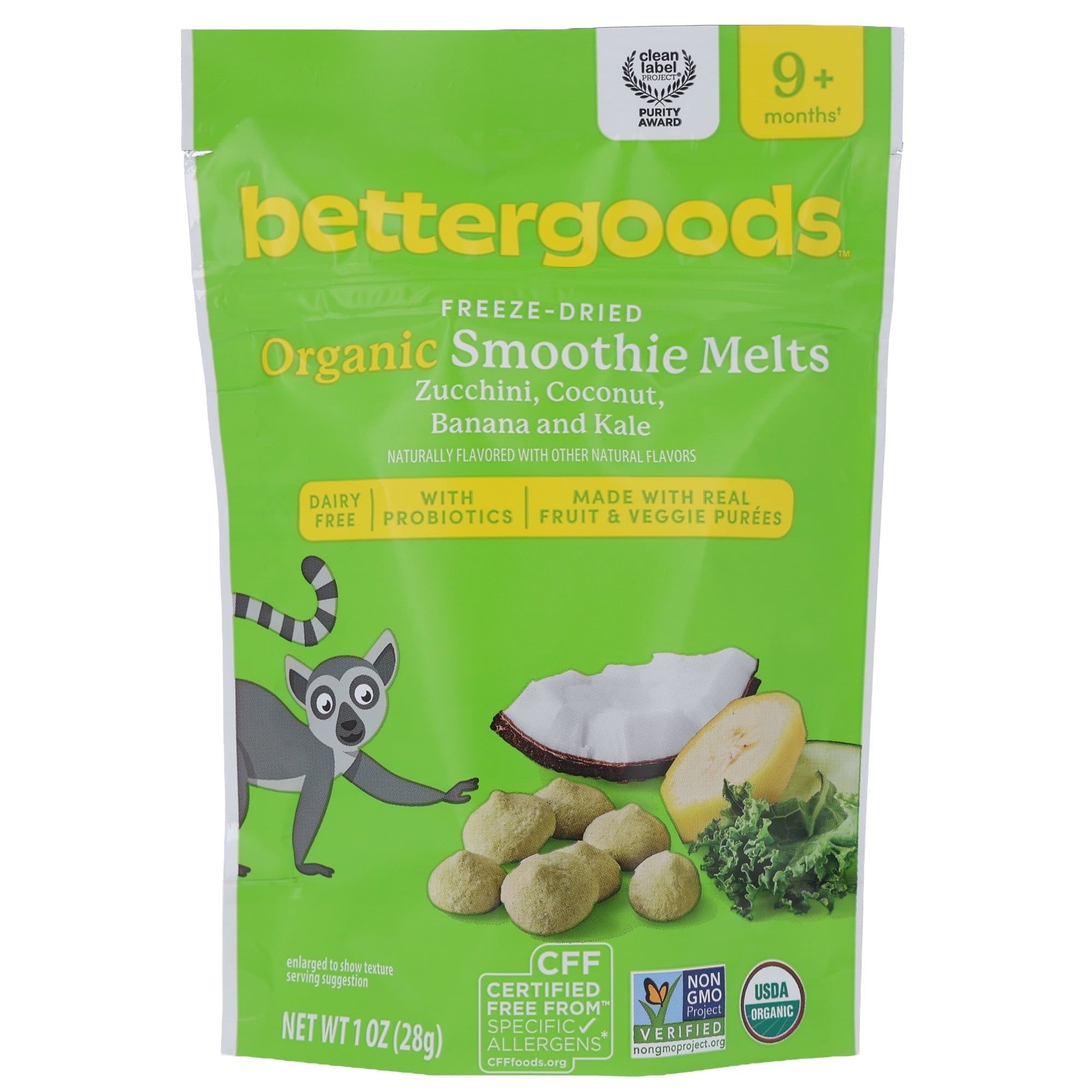 bettergoods Organic Stage 3 Freeze-Dried Smoothie Melts Baby Snacks, Zucchini, Coconut, Banana, and Kale, 1 oz Pouch