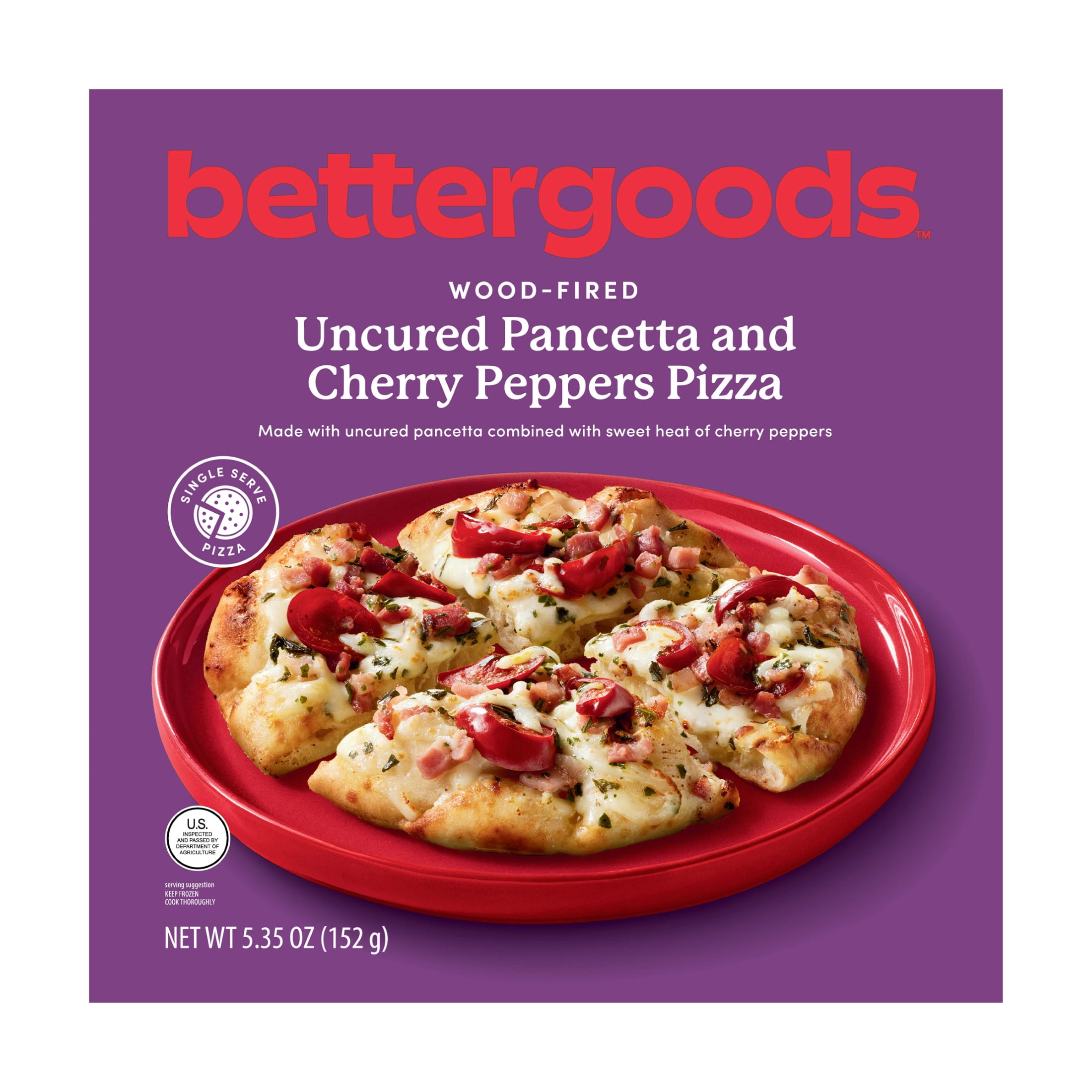 bettergoods Woodfired Crust Uncured Pancetta and Cherry Pepper Pizza, Single Serve, 5.35 oz, (Frozen)