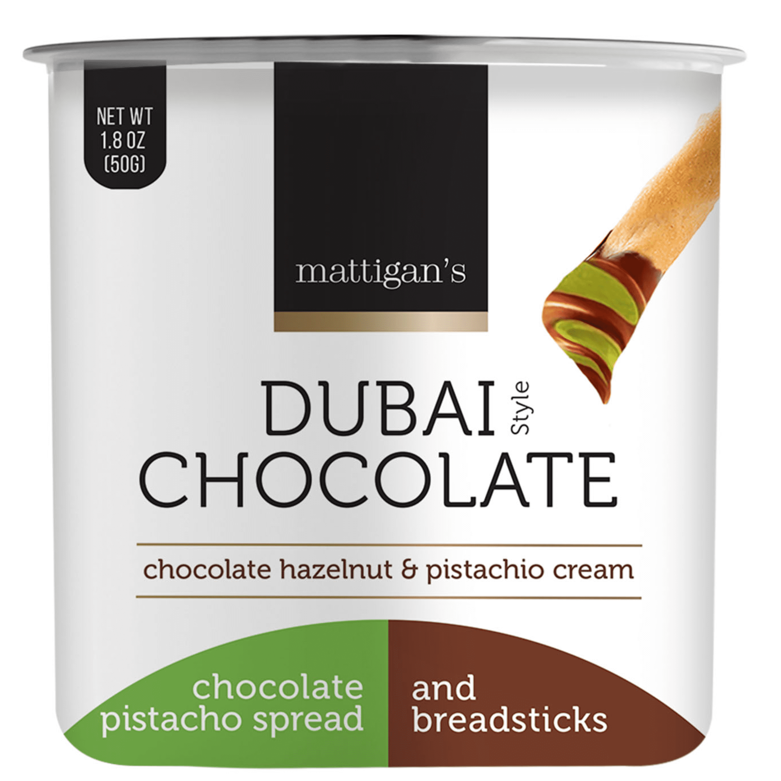 Mattigans Dubai Style Chocolate Hazelnut & Pistachio Spread with Crunchy Breadsticks, On-the-Go Snack Cups, Snack Packs, 1.8 oz
