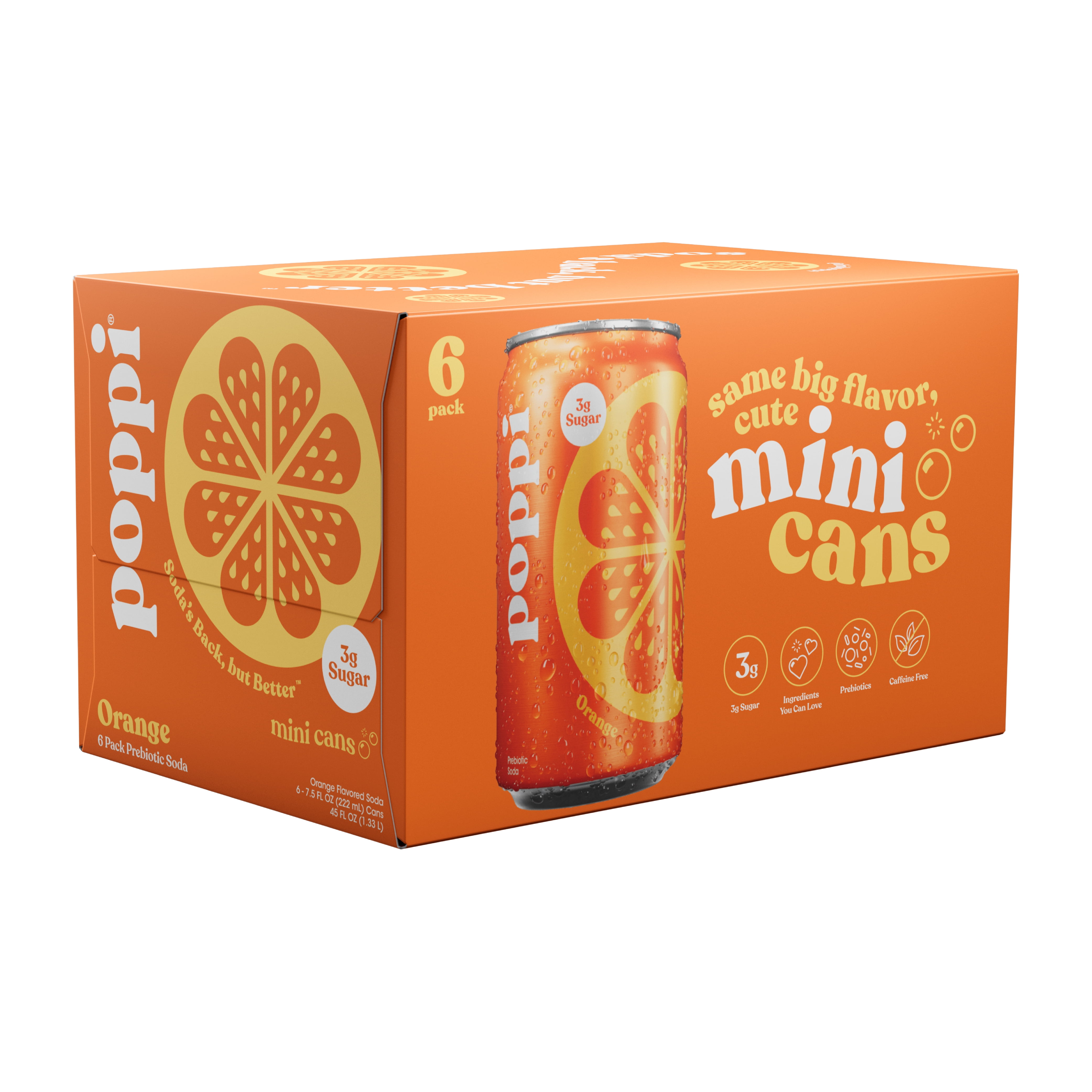 poppi Orange Prebiotic Soda Mini Can, 7.5 fl oz Can, 6 Pack Cans