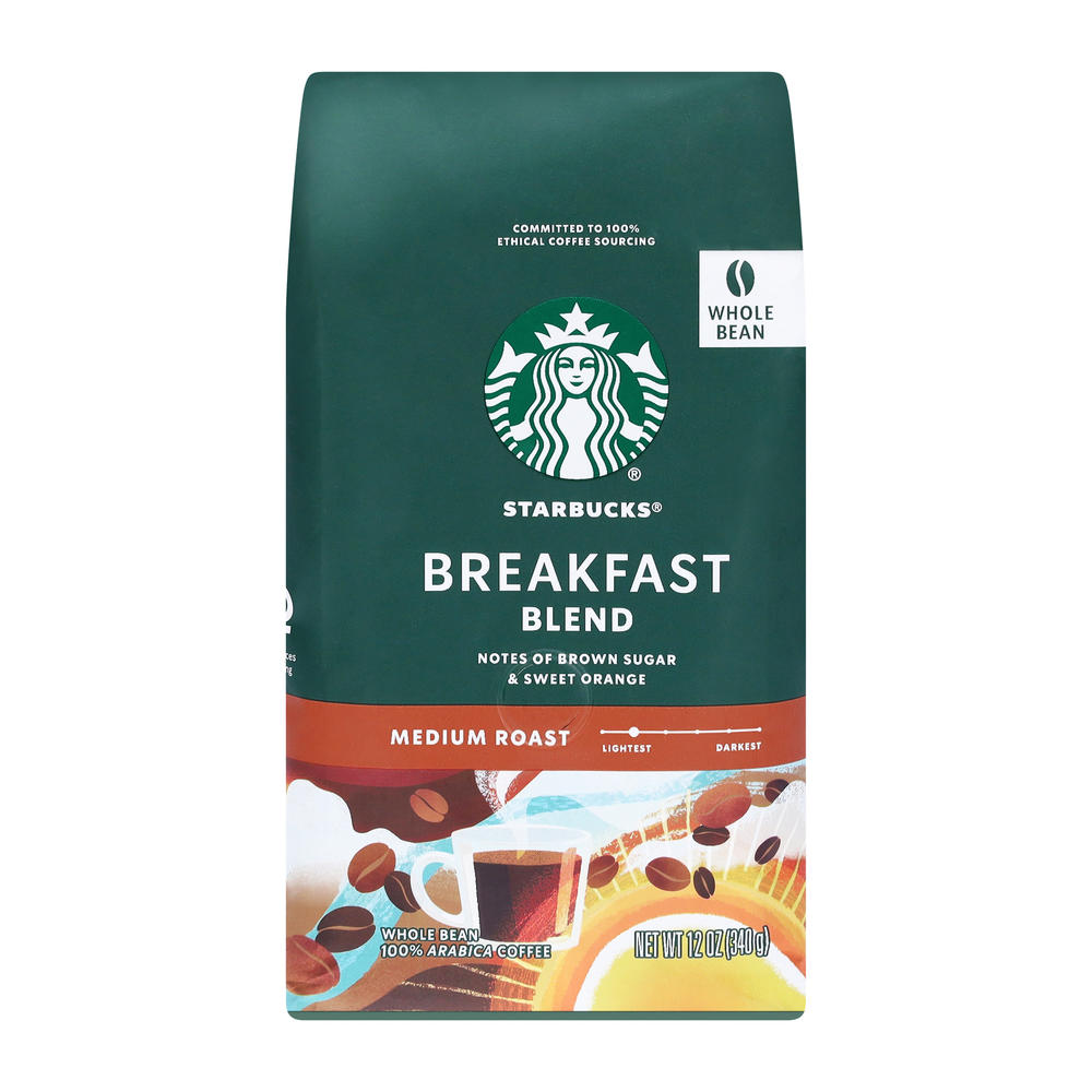Starbucks Breakfast Blend Medium Roast Whole Bean Coffee, 12 oz