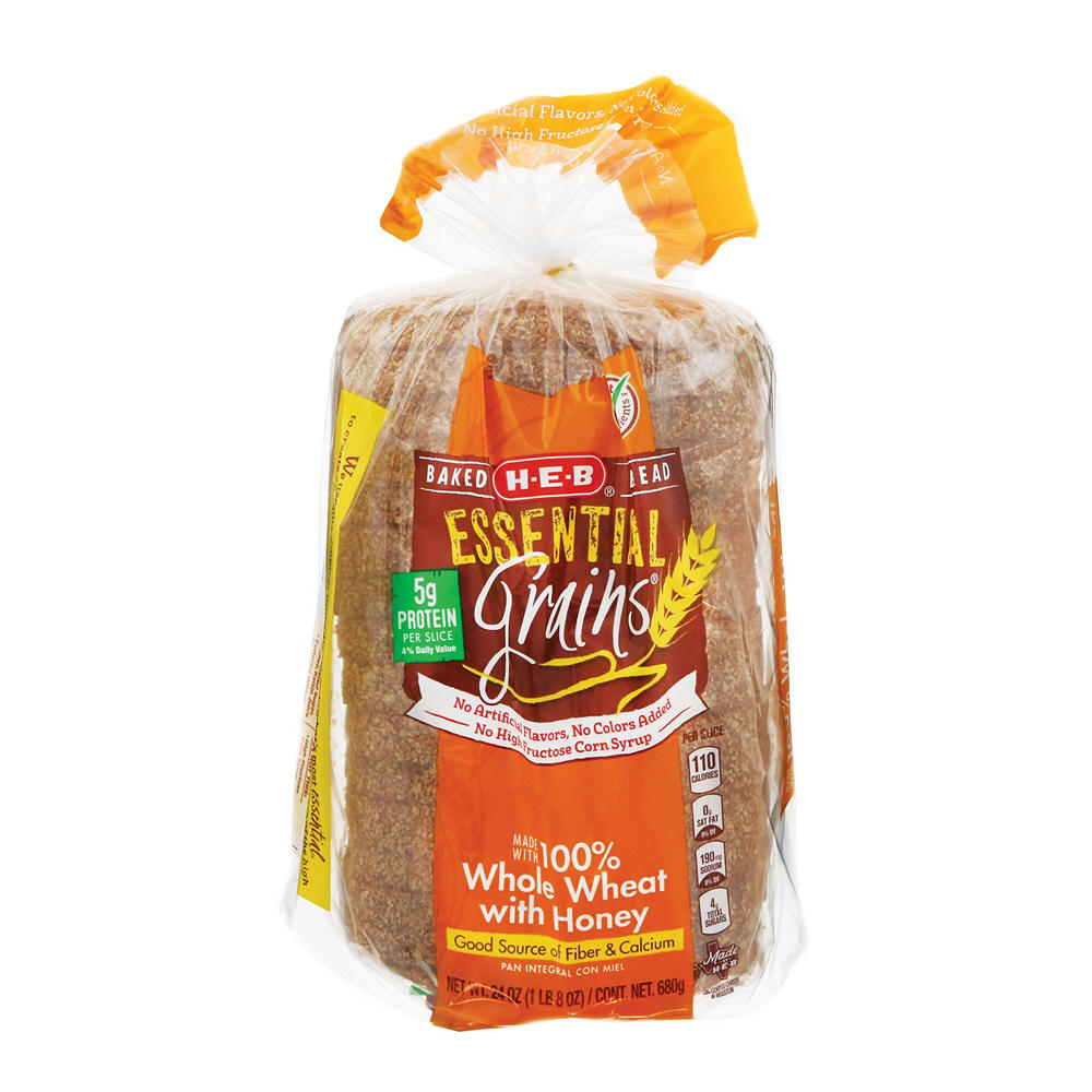 H-E-B Essential Grains 100% Whole Wheat with Honey Sliced Bread, 24 oz