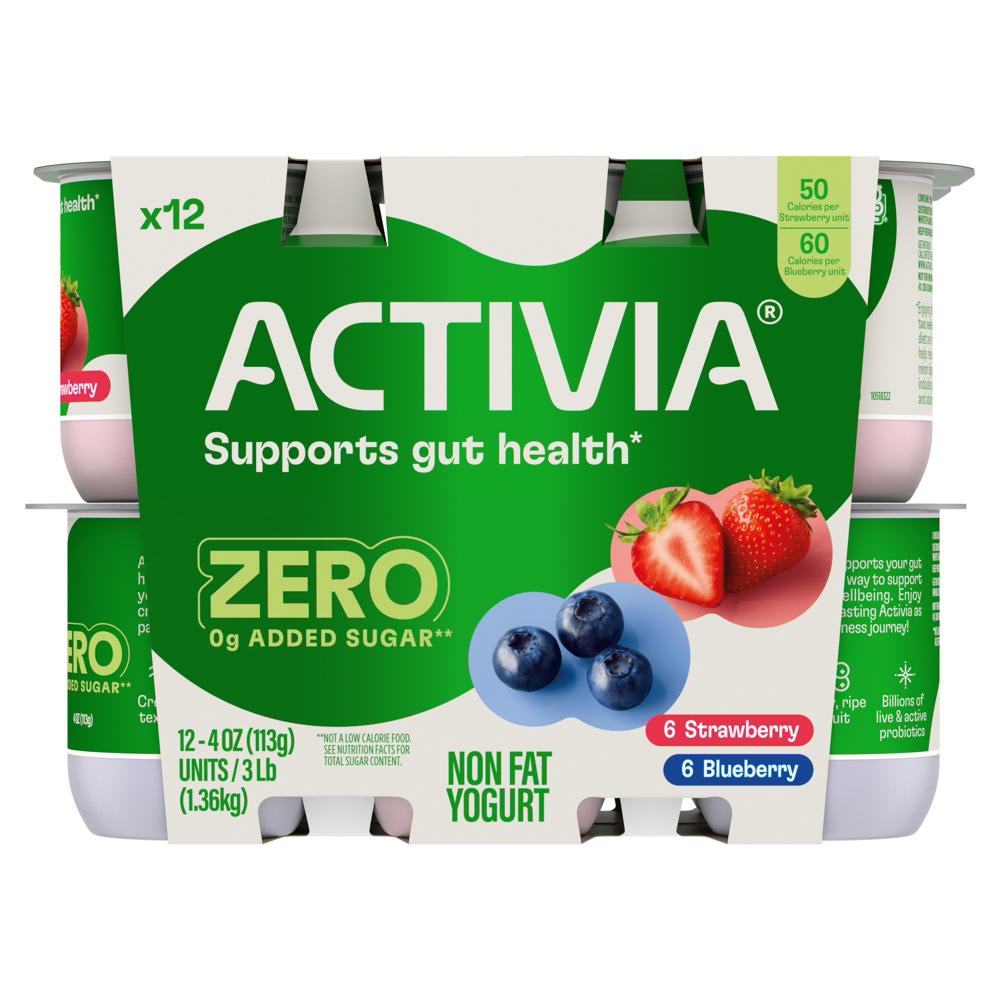 Activia Zero Added Sugar Strawberry & Blueberry Non Fat Probiotic Yogurt, 12 pk