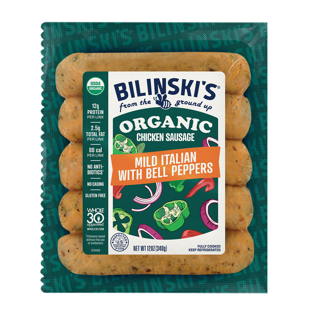 BILINSKI'S Organic Fully Cooked Chicken Sausage Links - Mild Italian Bell Peppers, 5 ct