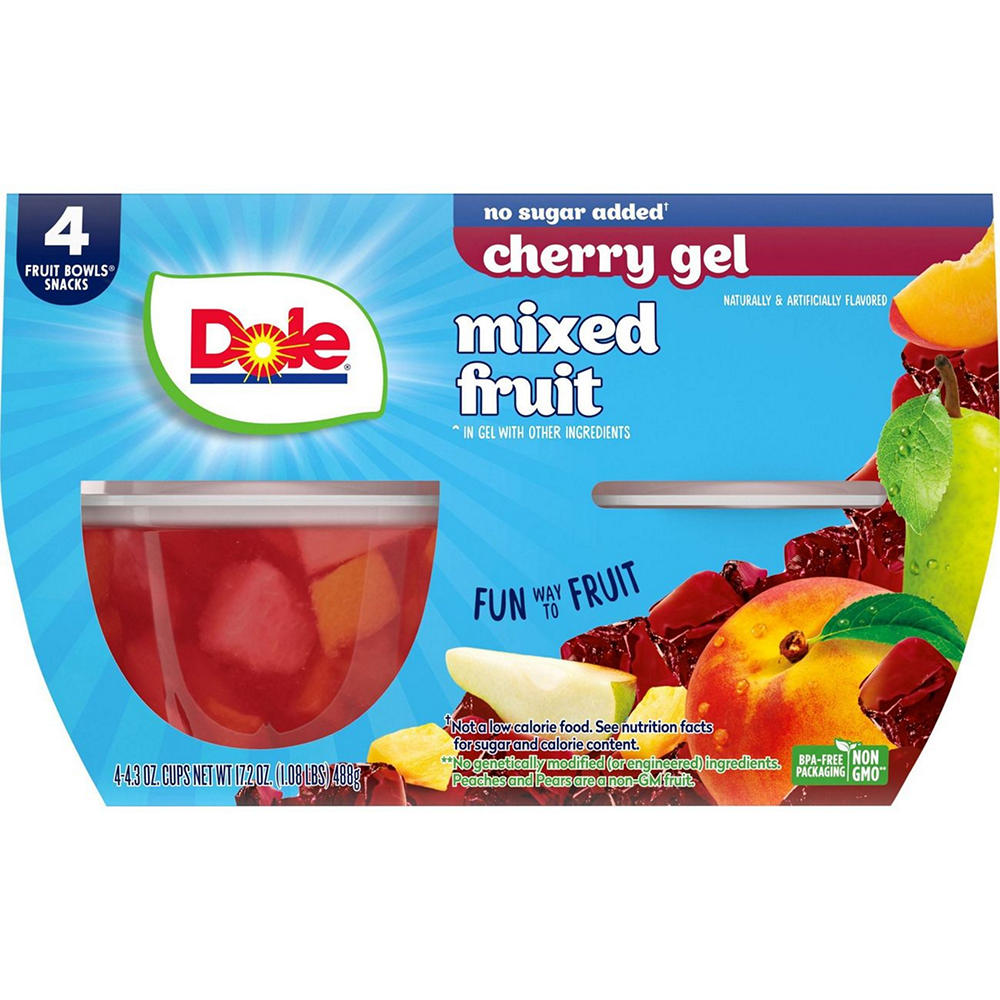 Dole Fruit Bowls - Mixed Fruit in No Sugar Added Cherry Flavored Gel, 4 ct