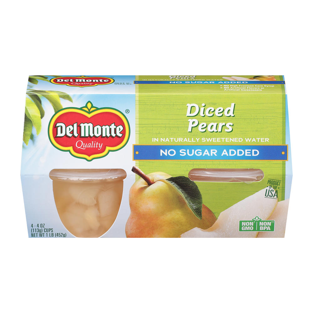 Del Monte No Sugar Added Diced Pears In Water, 4 ct