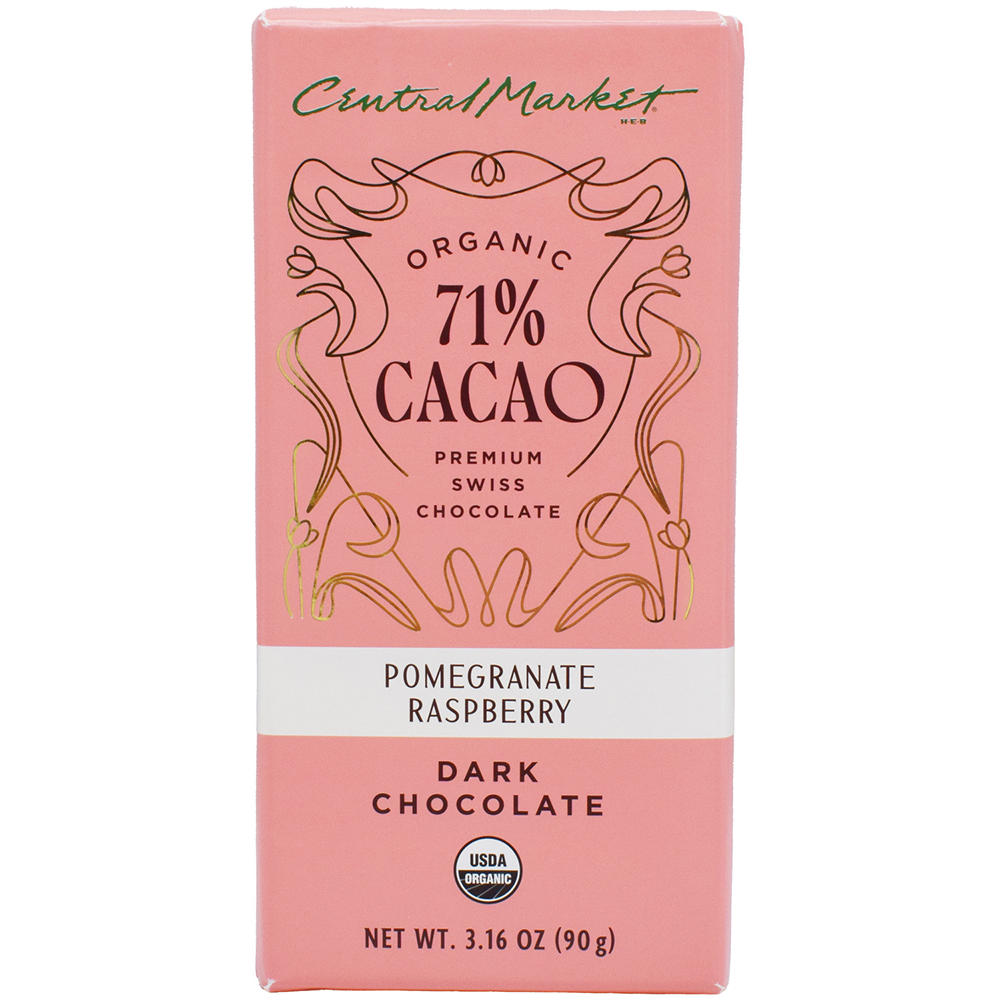 Central Market Organic 71% Cacao Dark Chocolate Bar - Pomegranate Raspberry , 3.16 oz