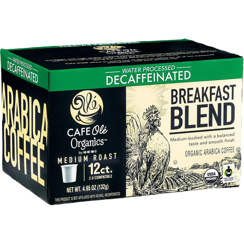 CAFE Olé Organics by H-E-B Medium Roast Decaf Breakfast Blend Coffee Single Serve Cups, 12 ct