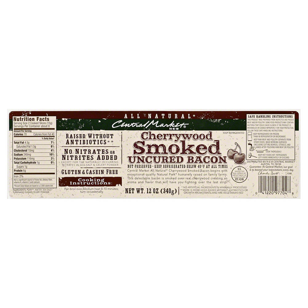 Central Market Natural Cherrywood Smoked Uncured Bacon, 12 oz